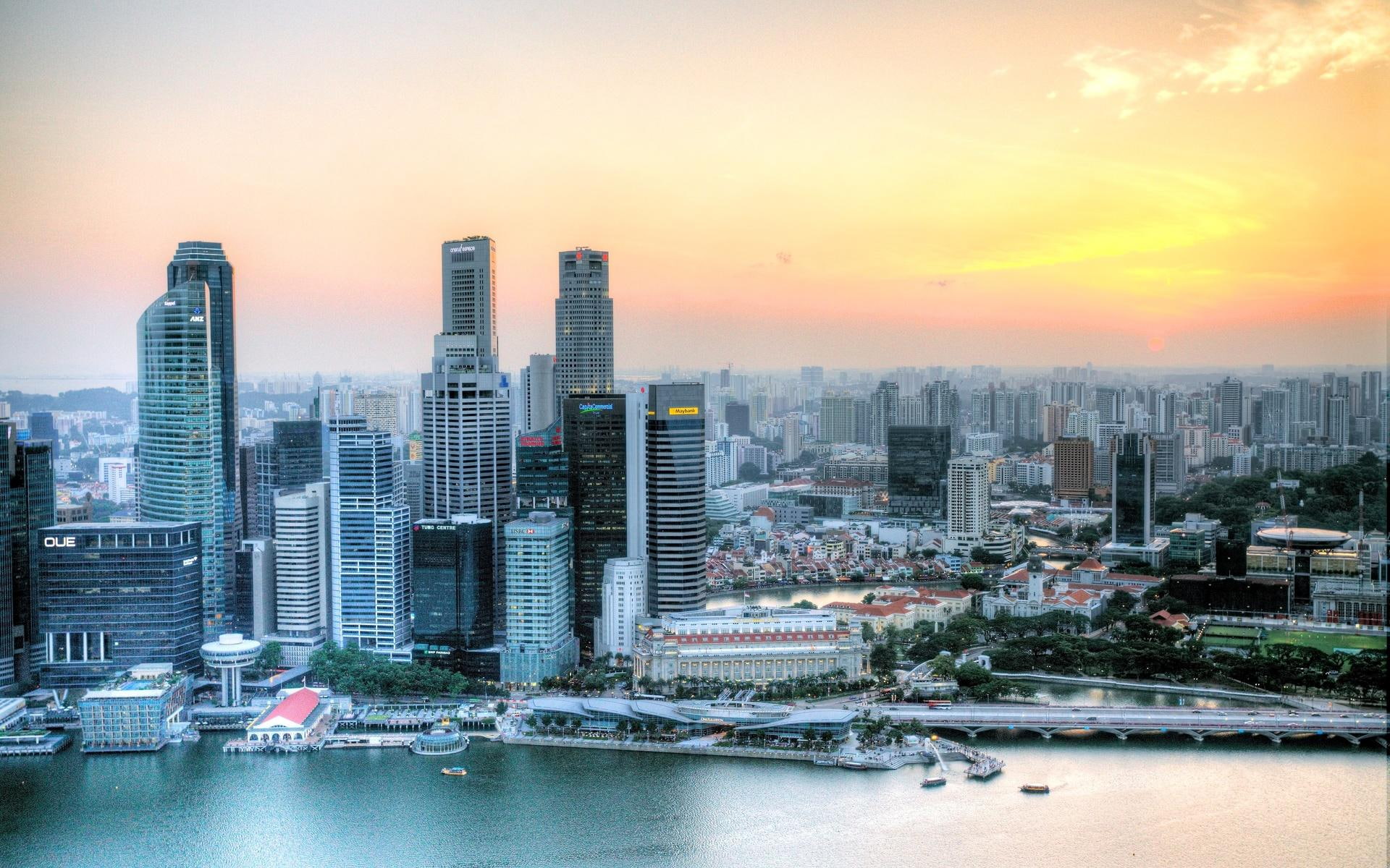 beautiful, skyscrapers, nature and landscapes, waterfront, sunrise, 1080P, city, HD Wallpaper