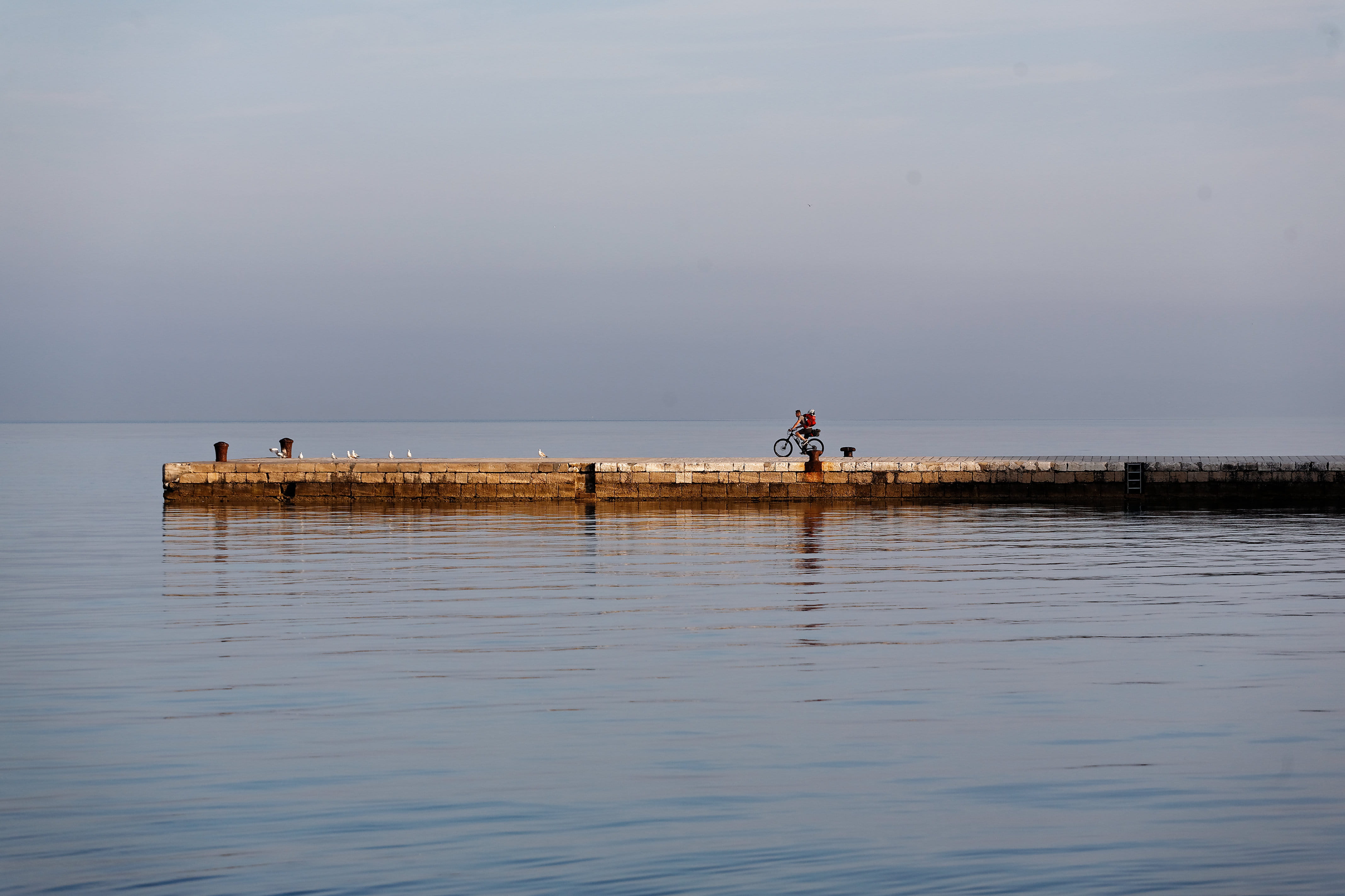 sky, sea, fishing industry, horizon over water, pier, scenics - nature, fishing, waterfront, bicycle, mode of transportation, riding, activity, water, cyclist, HD Wallpaper