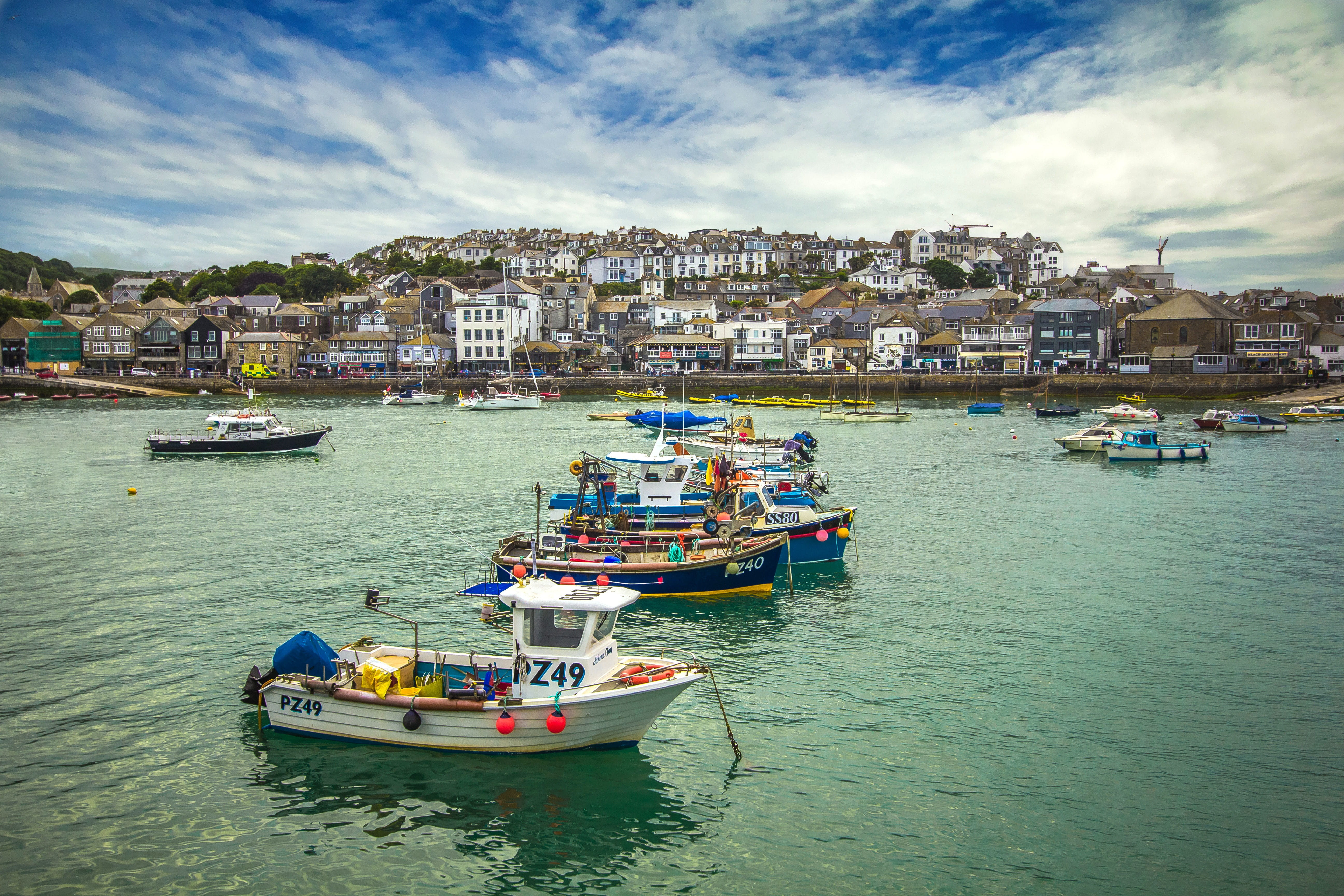 bay, 5K, harbor, cityscape, st ives, passenger craft, nautical Vessel, outdoors, St Ives, cloud - sky, architecture, travel, mode of transportation, England, HD Wallpaper