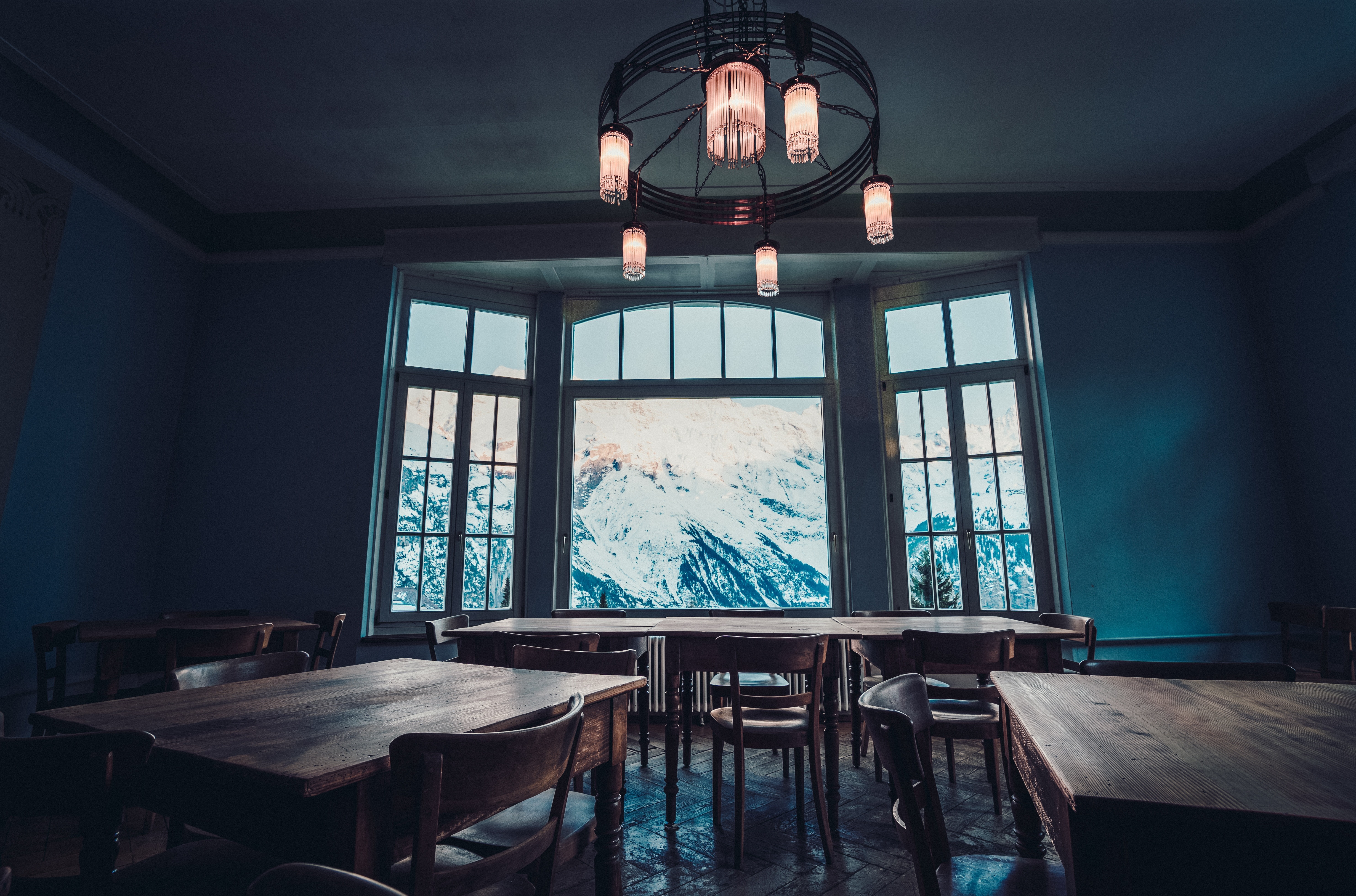 window, table, snowy peak, mountains, 5K, HD Wallpaper