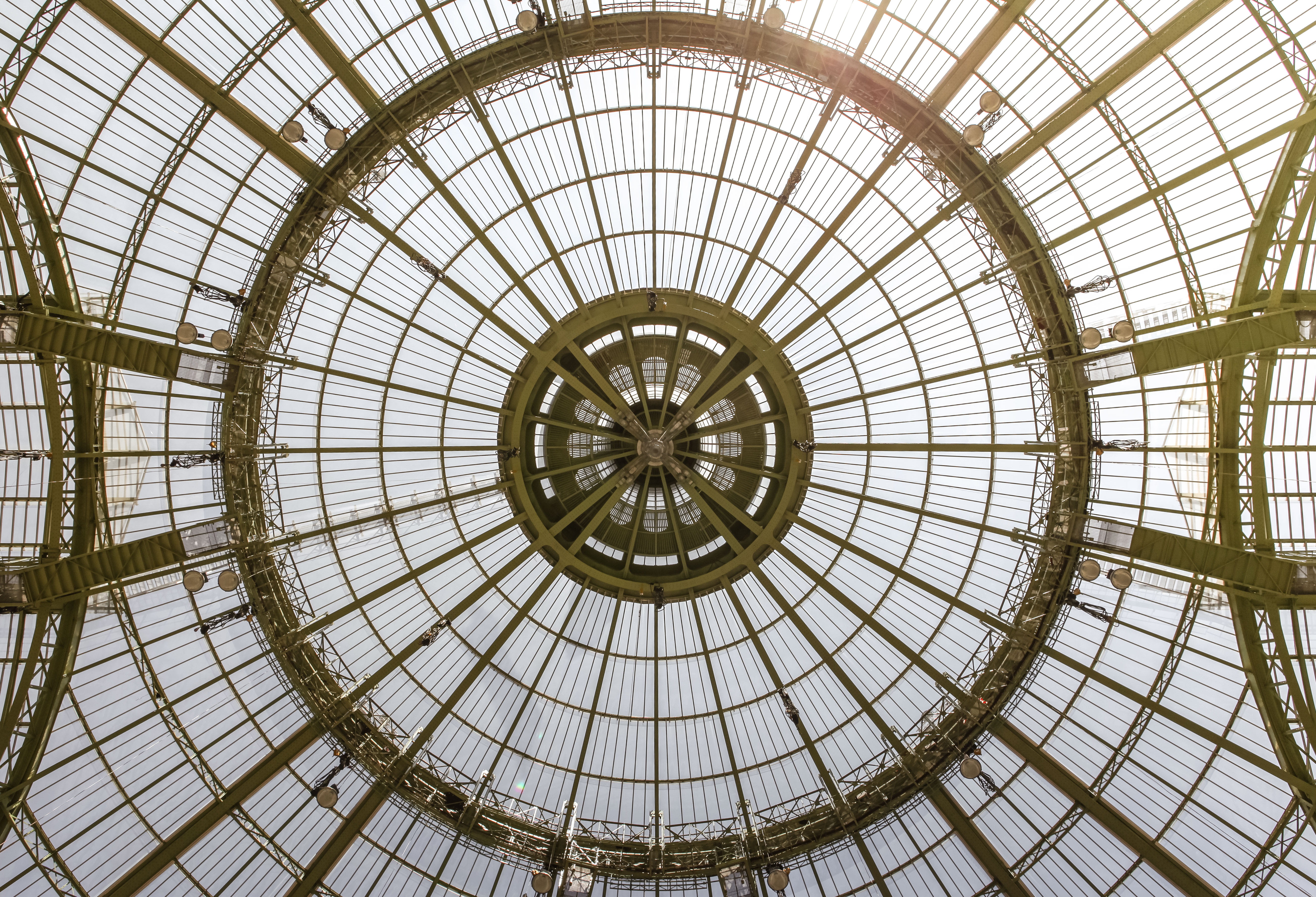 full frame, dome, skylight, built structure, pattern, ornate, directly below, glass - material, shape, cupola, day, indoors, circle, paris, vaulted, modern, HD Wallpaper