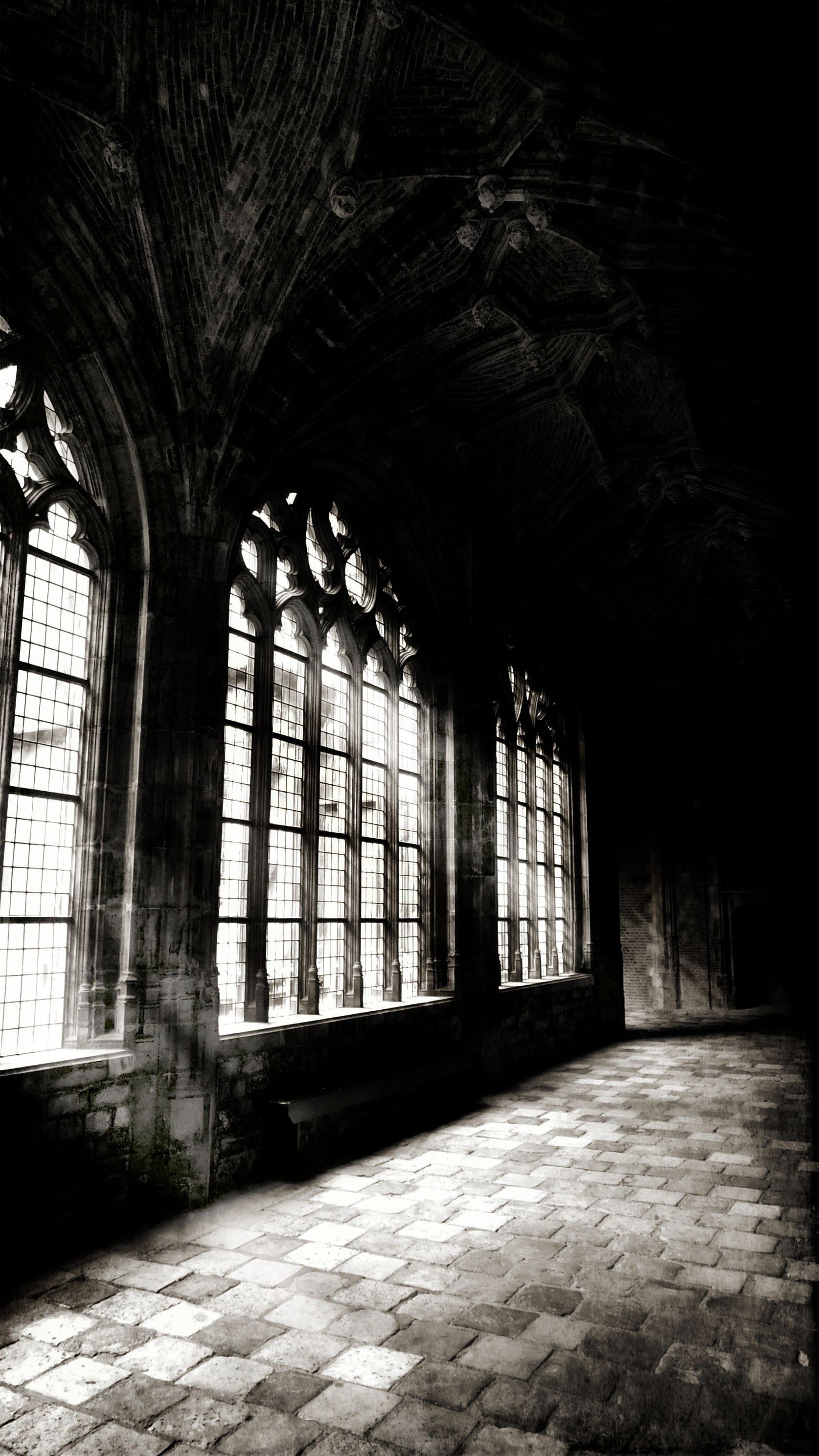 day, wall, old, gothic, windows, 2K, built structure, arcade, the past, window, vaults, religion, building, obsolete, empty, indoors, light, history, arch, Phone HD Wallpaper