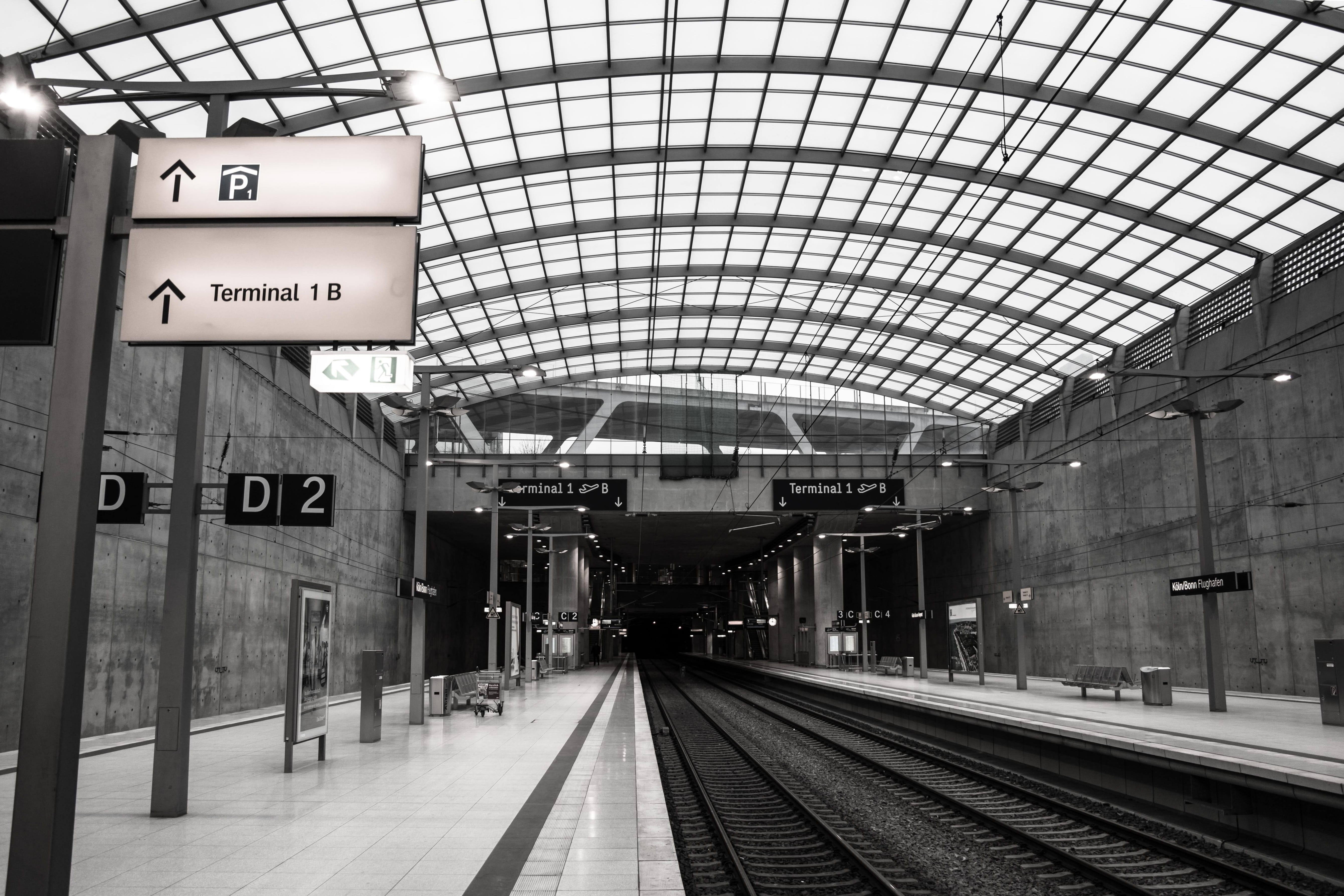 Platform, rail transportation, cologne, clock, track, railroad station platform, Airport, Railway Station, transportation, vault, mode of transportation, HD Wallpaper