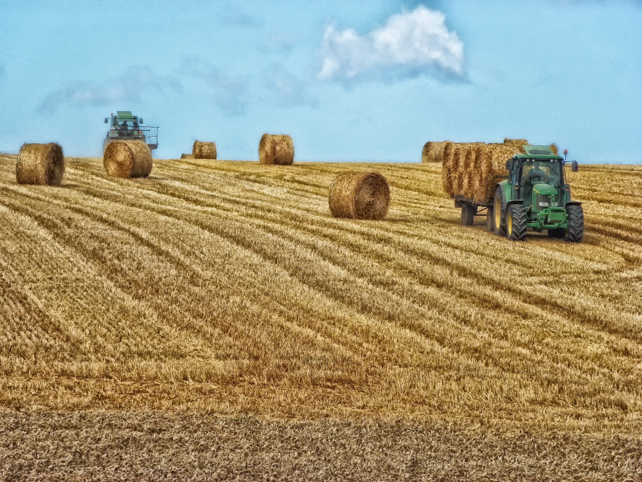 agriculture, 1080P, outdoors, hays, no people, trucks, rural, plant, france, nature, rural Scene, beauty in nature, straw, summer, outside, cloud - sky, HD Wallpaper