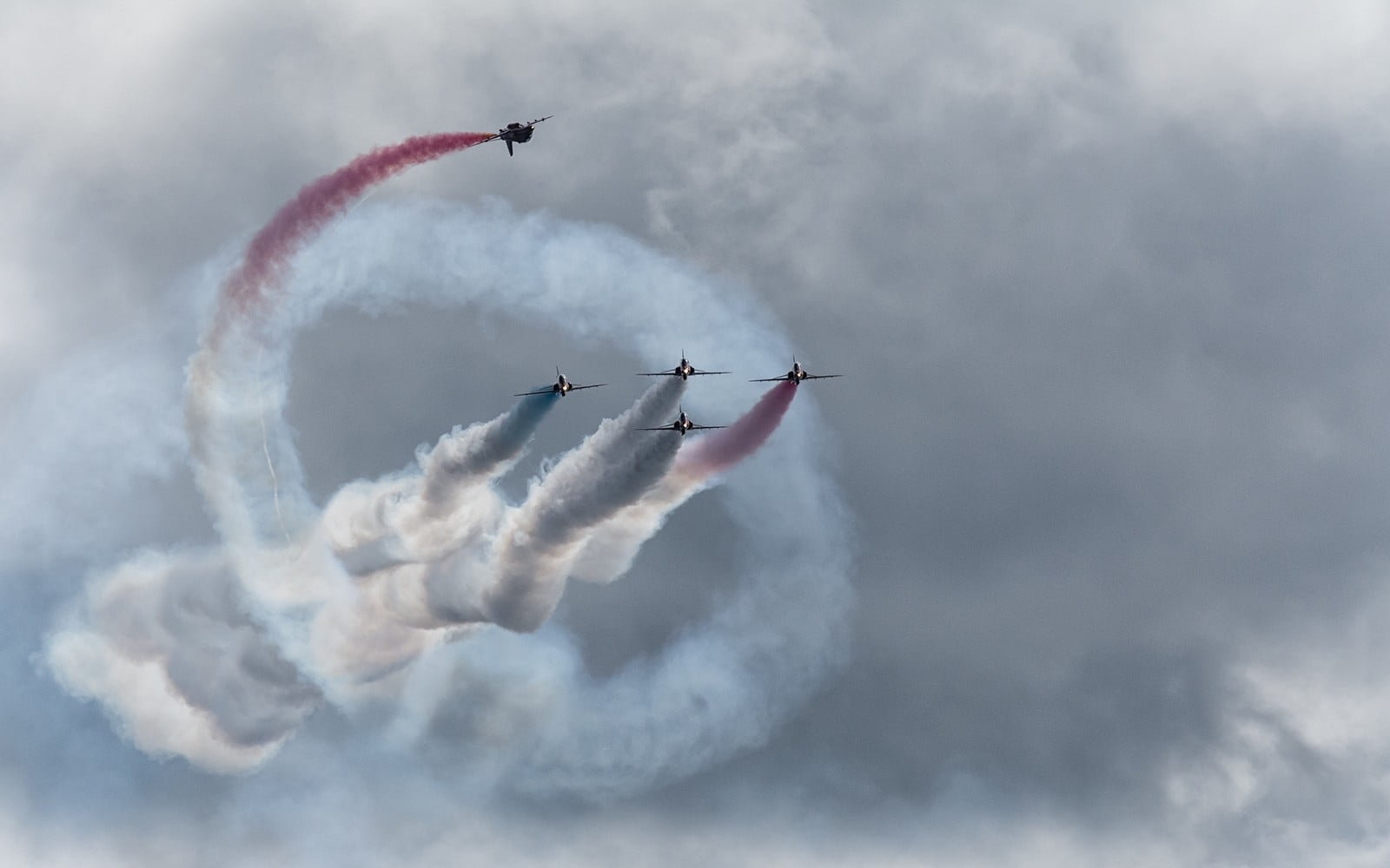 airshow, jet, air force, nature, transportation, on the move, skill, festivals, five, teamwork, smoke - physical structure, flying, sky, speed, planes, HD Wallpaper