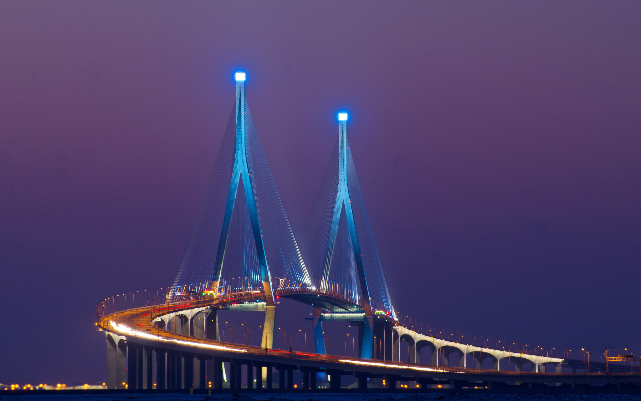 brown, built structure, connection, nature, purple, Asia, the sky, suspension bridge, outdoors, architecture, building exterior, night, backlight, sky, HD Wallpaper