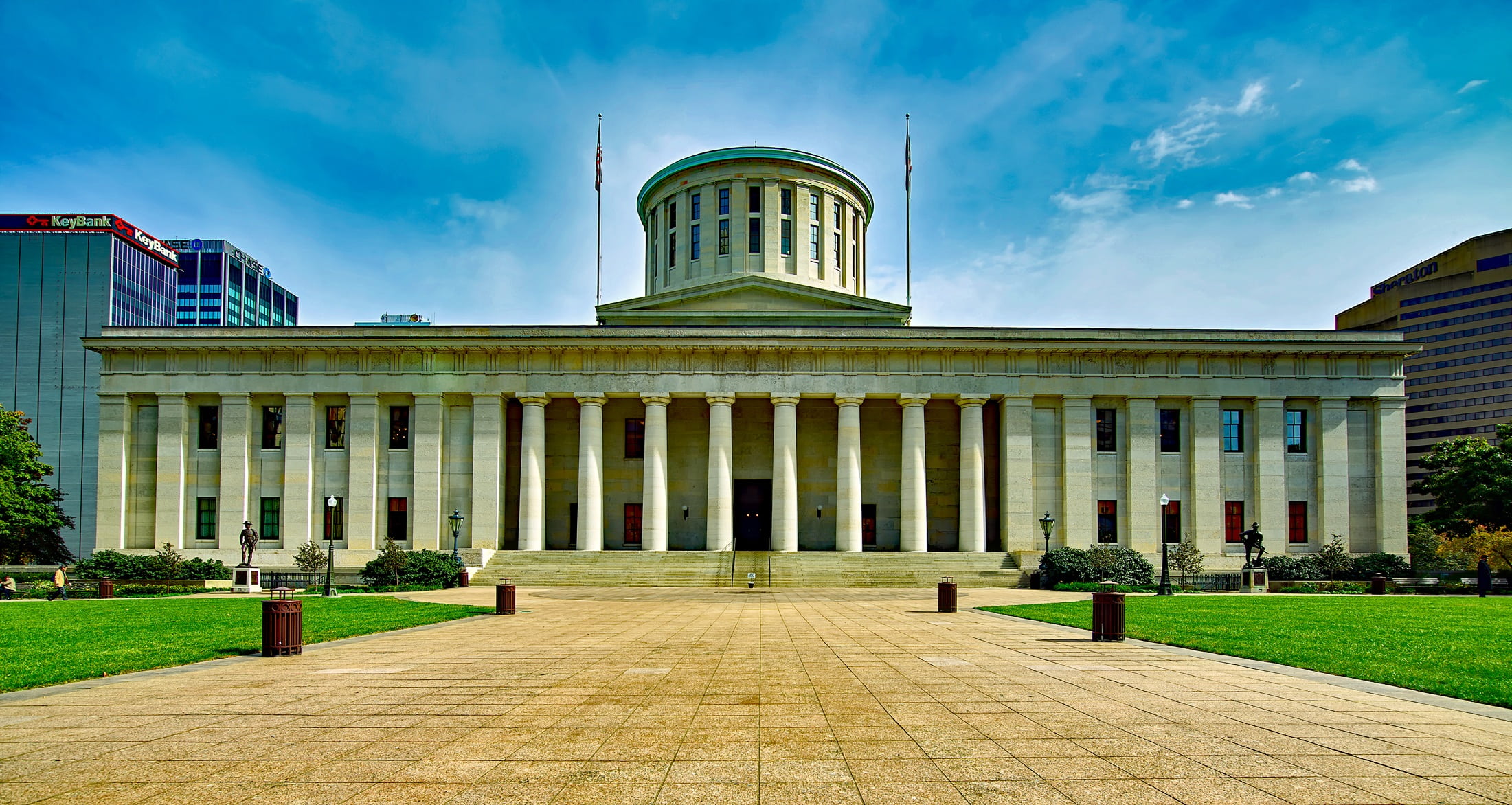 outdoors, nature, white, blue, capitol, sky, hdr, ohio statehouse, history, city, courthouse, building exterior, staircase, entrance, panorama, government, HD Wallpaper