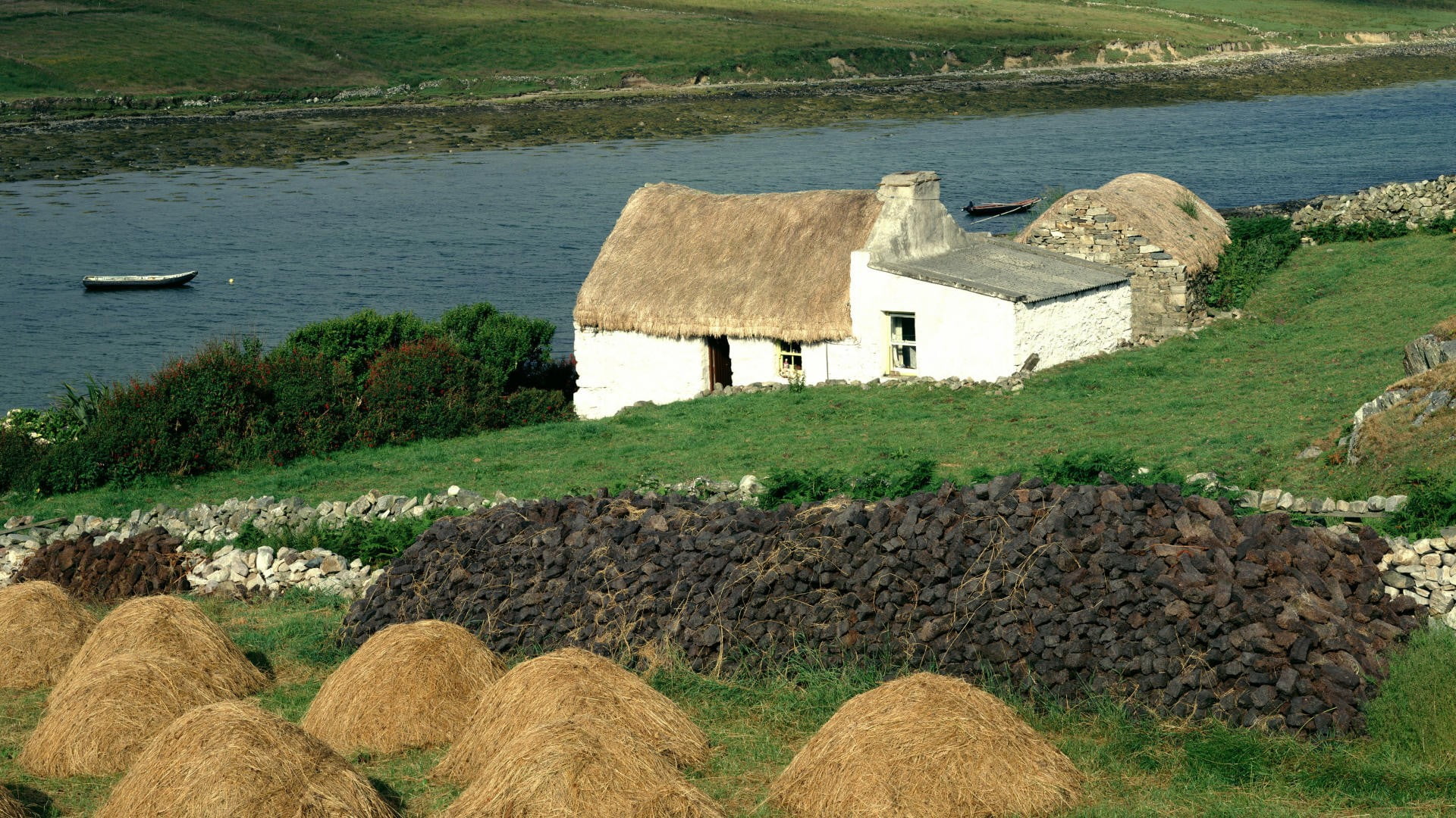 nature, rock, rural scene, built structure, field, white, landscape, boat, sea, outdoors, river, architecture, stones, plant, old building, straw, grass, HD Wallpaper