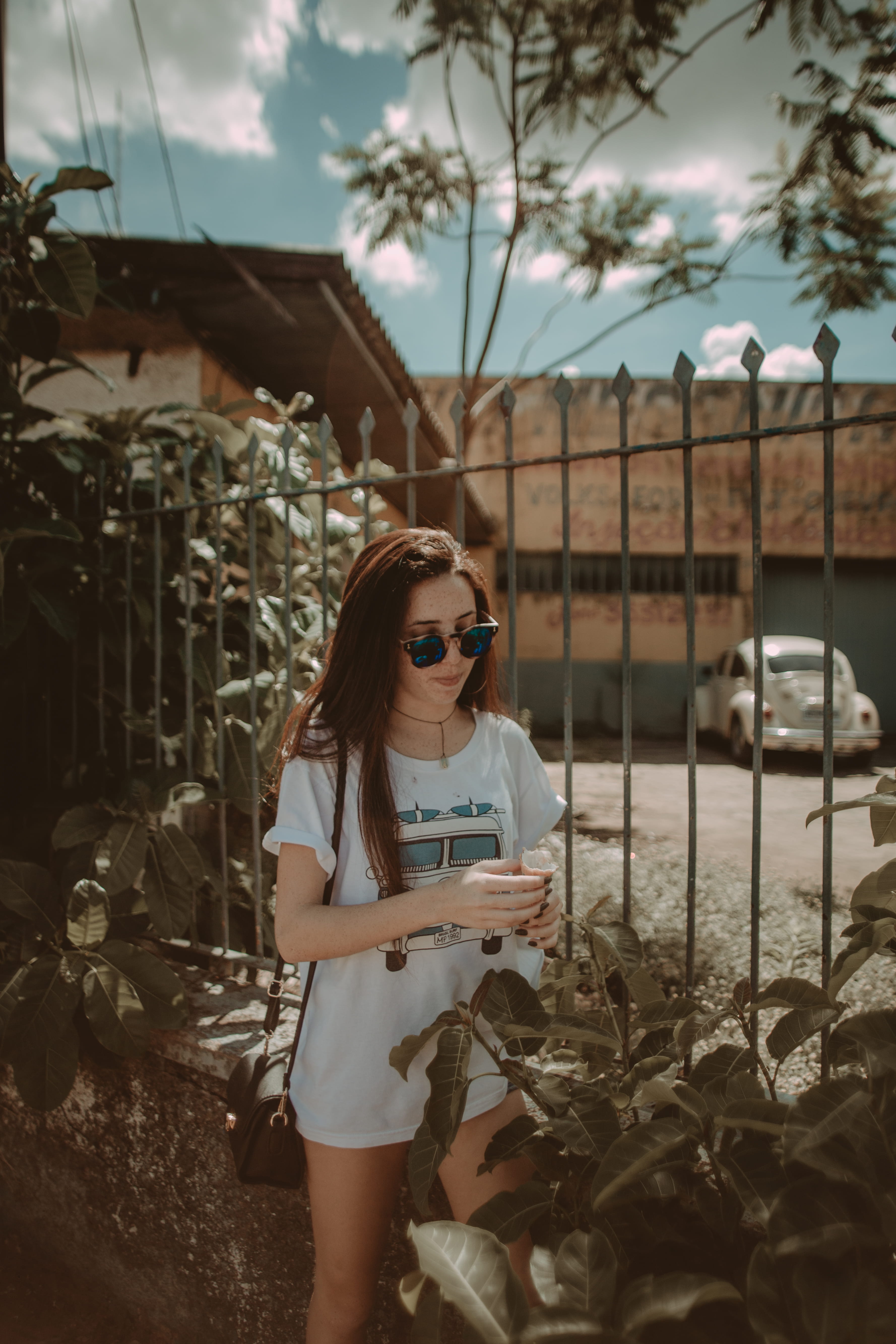 cup, casual clothing, vase, freckle, beautiful woman, standing, girl, pottery, potted plant, people, outdoors, gray, person, young adult, jar, plant, near, Phone HD Wallpaper