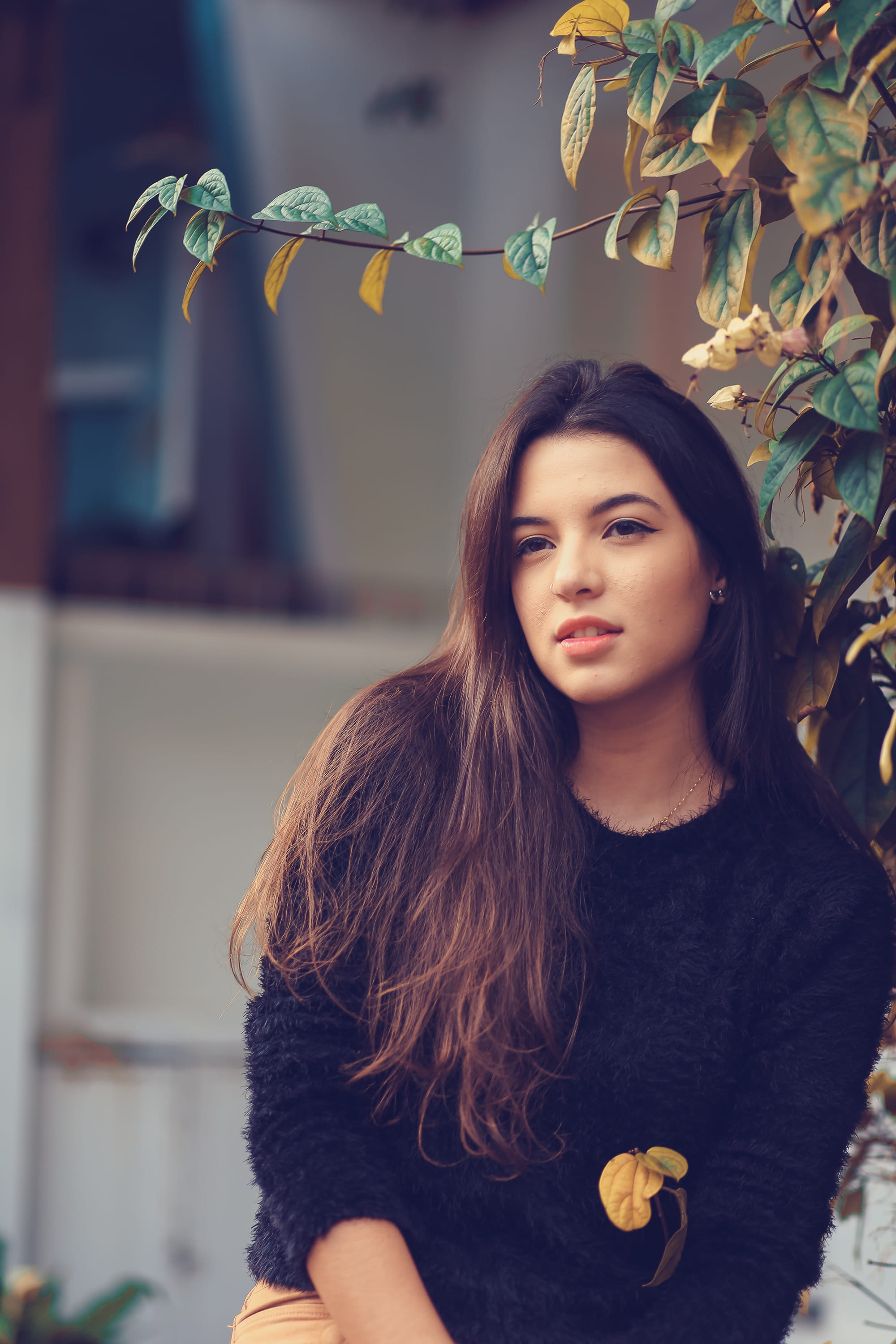 front view, women, leaf, hairstyle, young women, one person, person, lifestyles, brunette, art, flora, looking away, beauty, focus on foreground, looking at camera, Phone HD Wallpaper