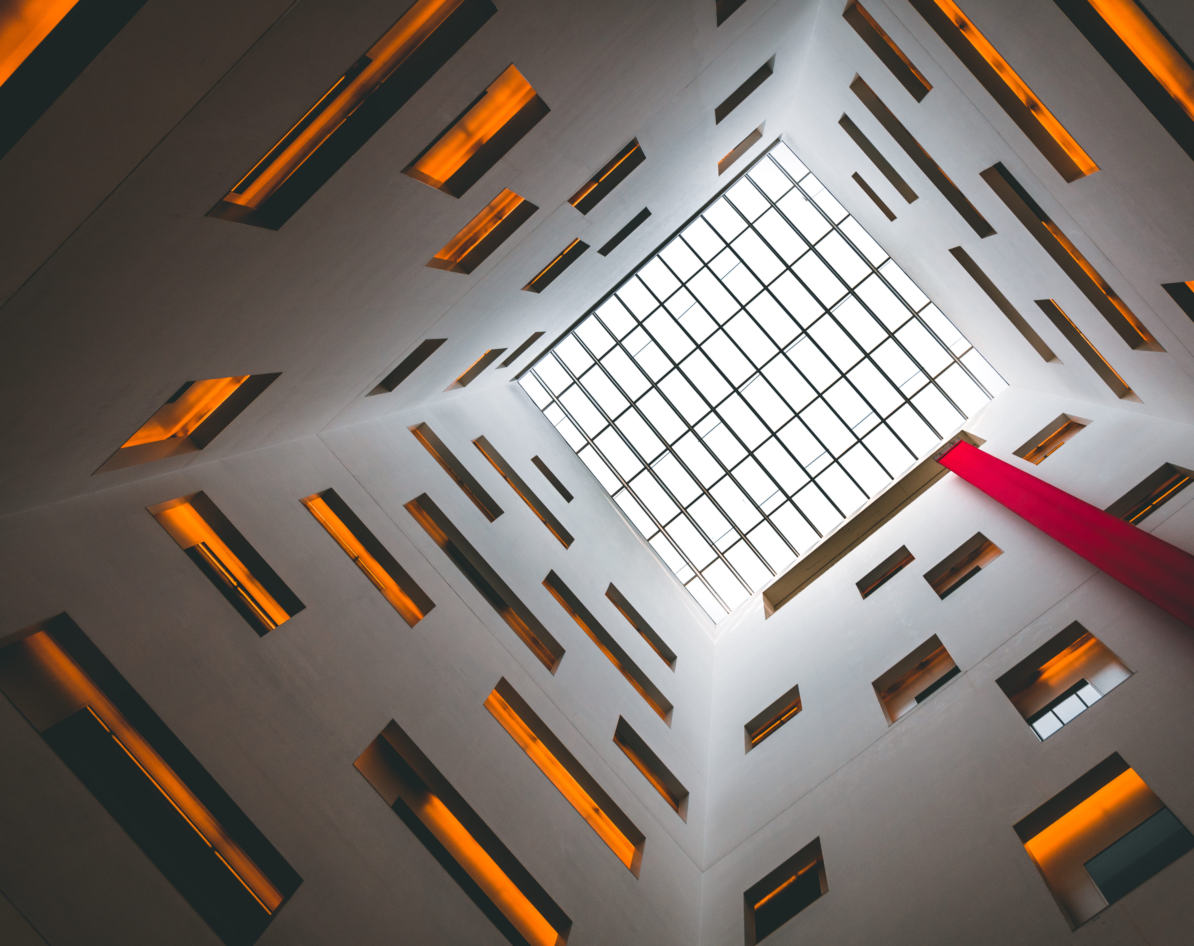 ceiling, view, office building, white, built structure, city, skylight, orange color, triangle, window, building, crystal, low angle view, corridor, interior, HD Wallpaper