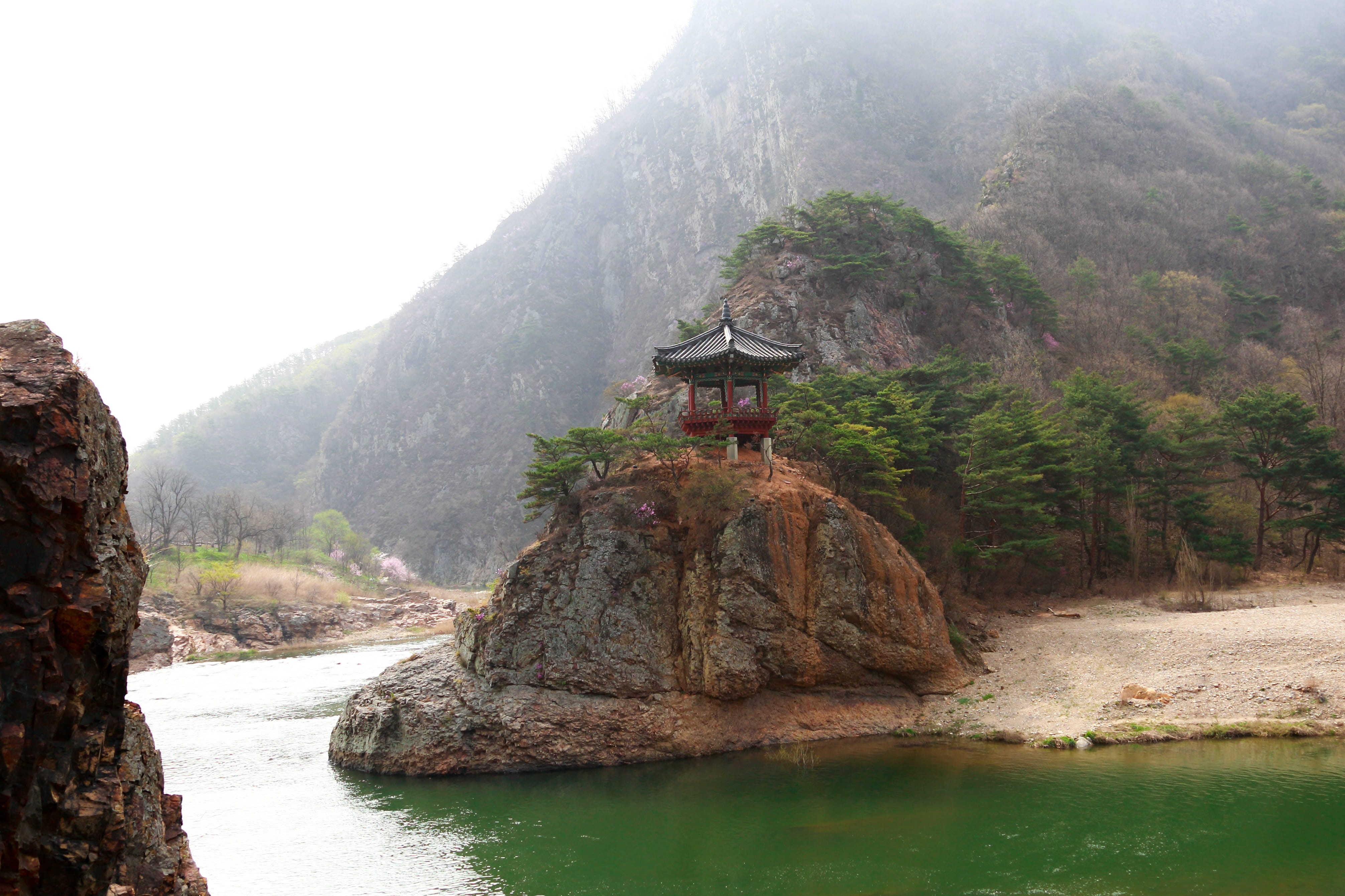 spring, tree, 4K, scenics - nature, tranquility, solid, valley, nature, architecture, rock, formation, fog, no people, religion, beauty in nature, republic of korea, HD Wallpaper