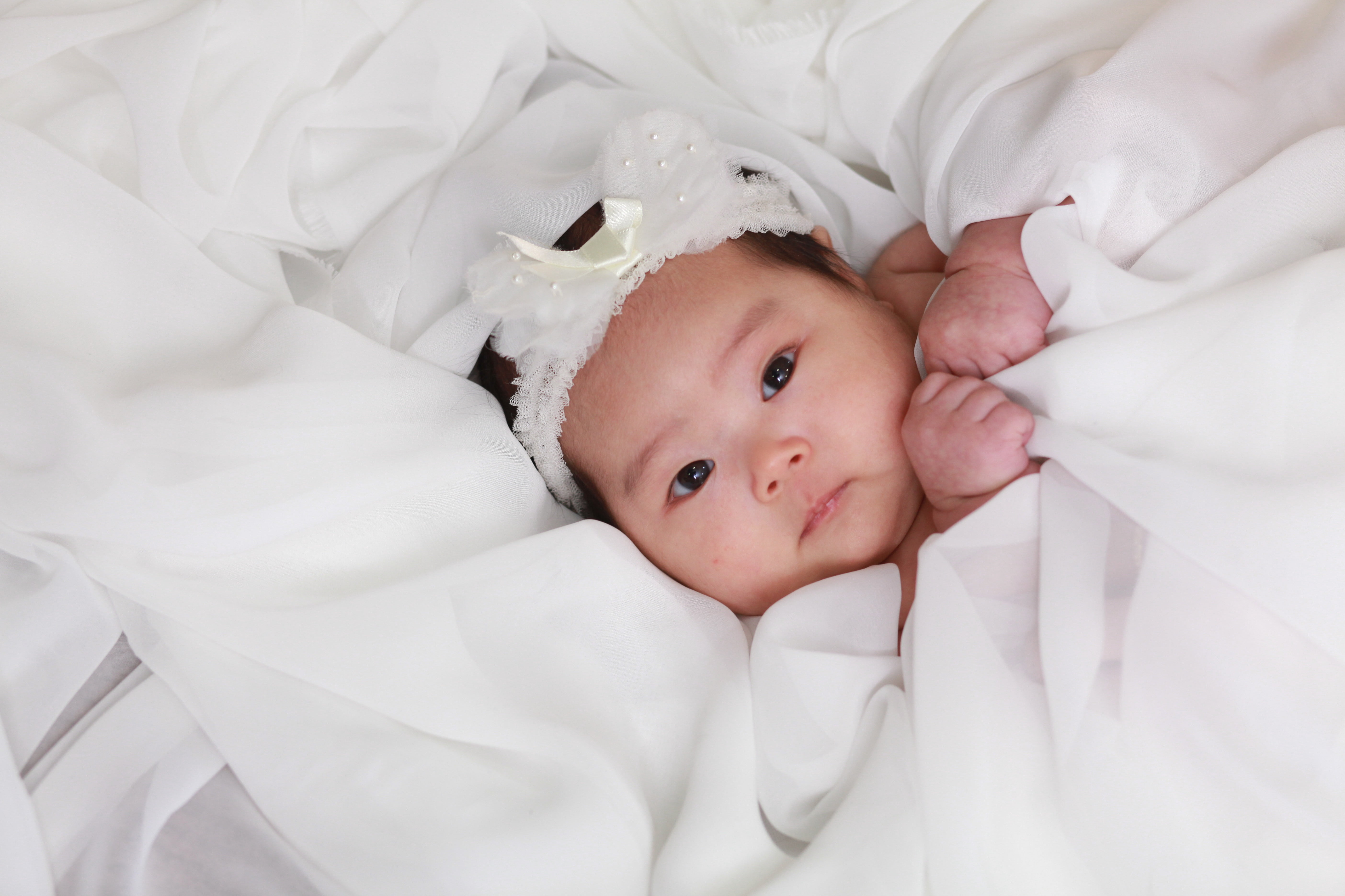 child, lying down, white, furniture, republic of korea, babyhood, white color, innocence, sheet, indoors, young, lying on back, chiu, looking at camera, HD Wallpaper