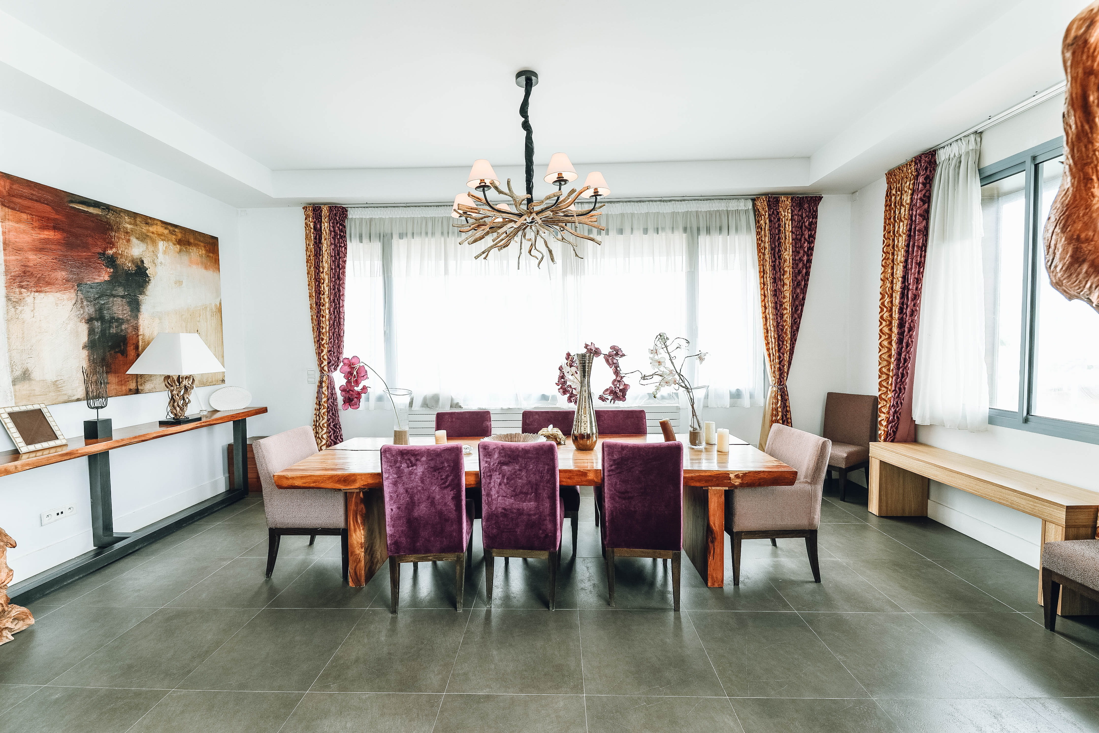 domestic room, room, flooring, rug, 4K, luxury, furnitures, furniture, table, built structure, vase, dining, dining table, indoors, comfort, chairs, day, HD Wallpaper