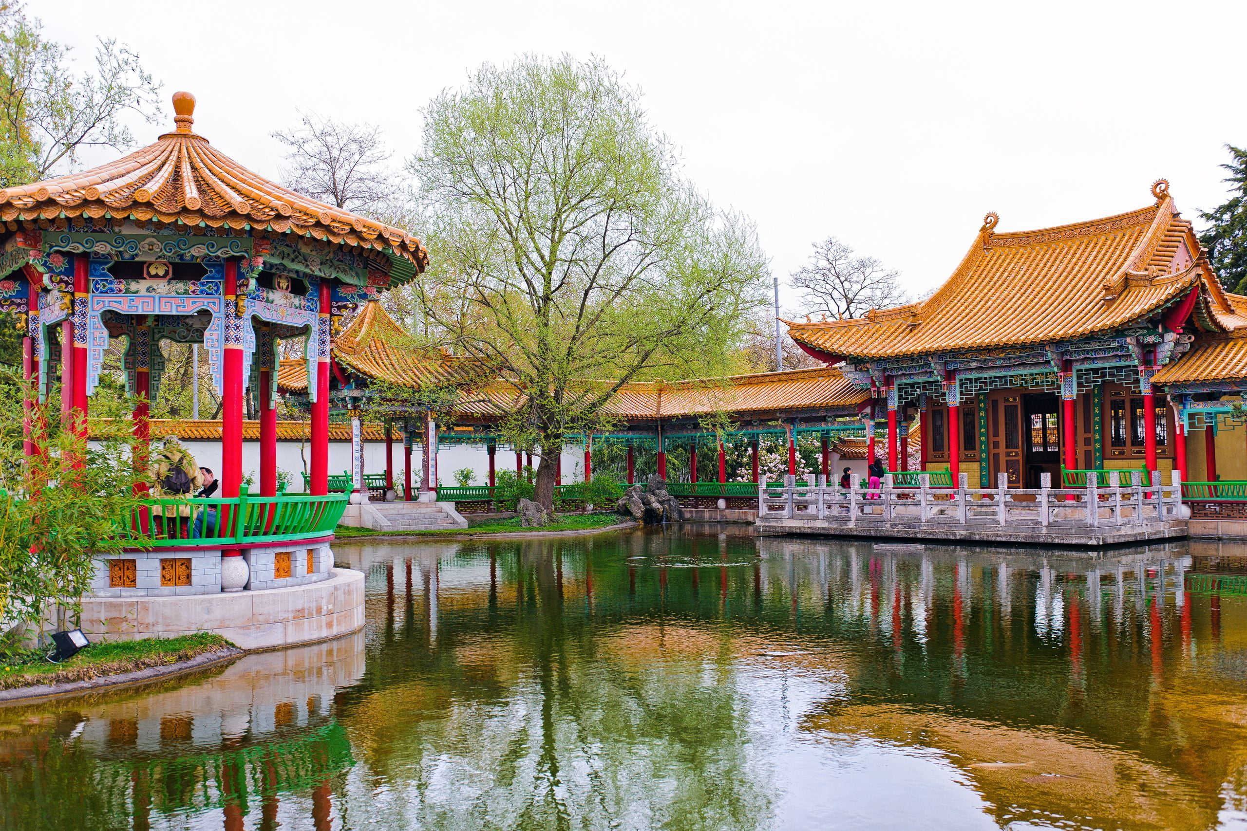 waterfront, eaves, architecture, religion, nature, 2K, sky, day, Chinese Garden, gazebo, Switzerland, white, plant, Zurich, water, orange, place of worship, HD Wallpaper