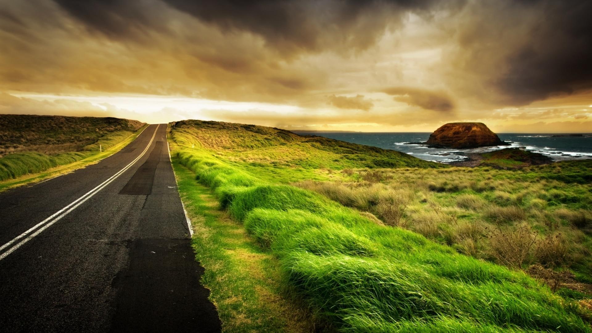 grass, sea, tan sky, 3d and abstract, 1080P, road, west, HD Wallpaper