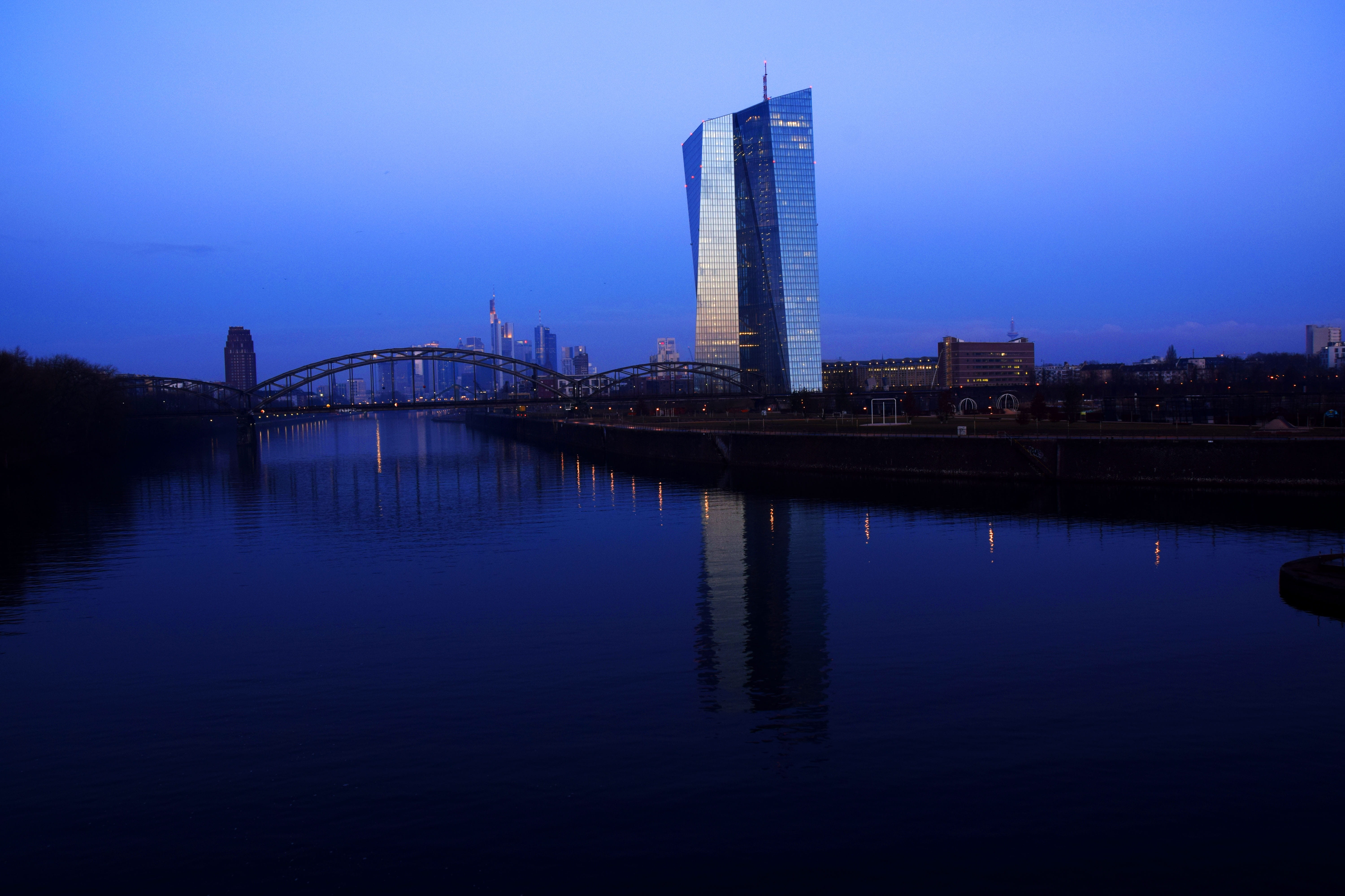 central bank, built structure, building, river, outdoors, waterfront, reflection, bank, ecb, landscape, frankfurt, european central bank, modern, nature, HD Wallpaper