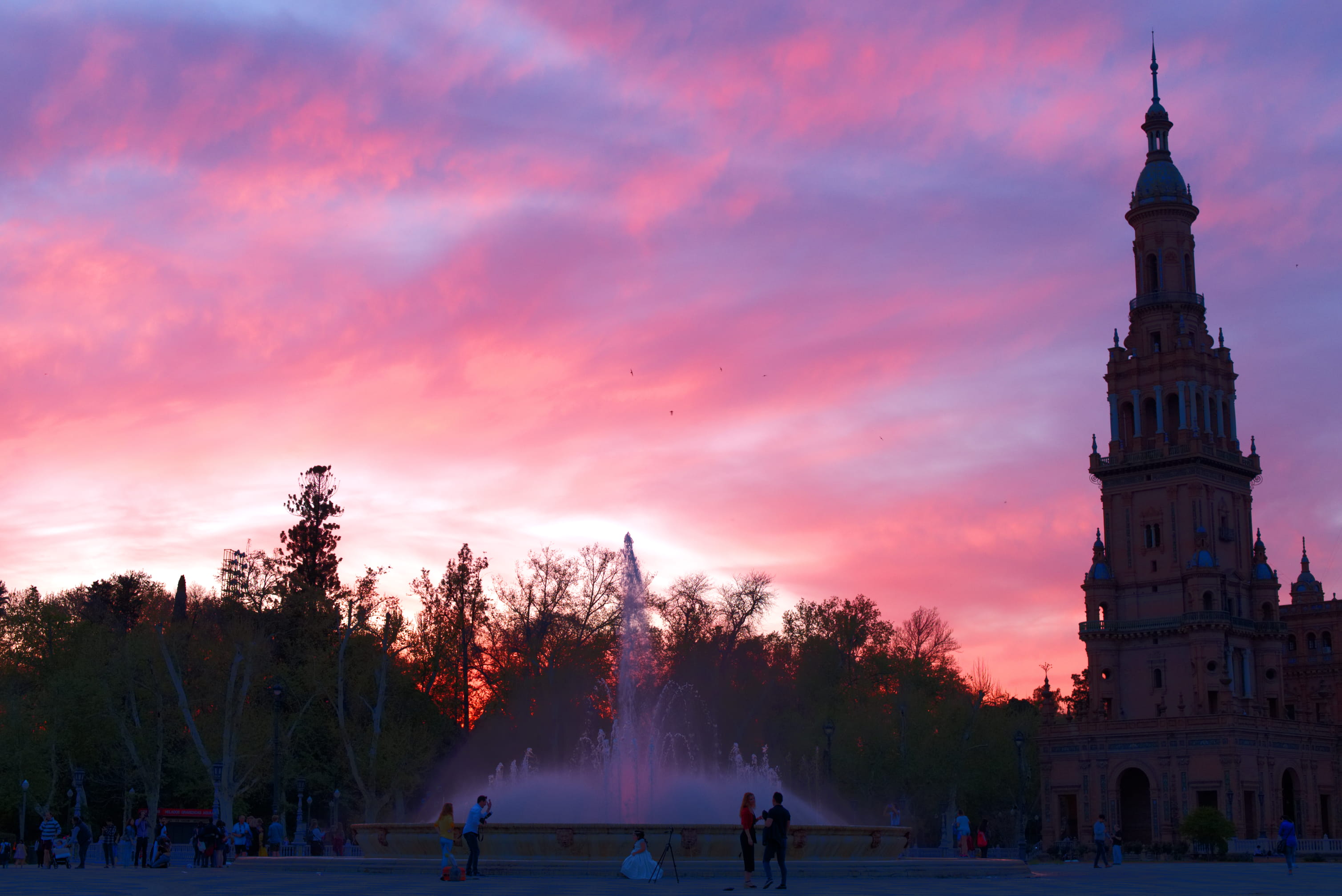 cloud - sky, built structure, sky, tourism, spirituality, tower, group of people, spain, tree, belief, crowd, architecture, plant, building exterior, dusk, HD Wallpaper