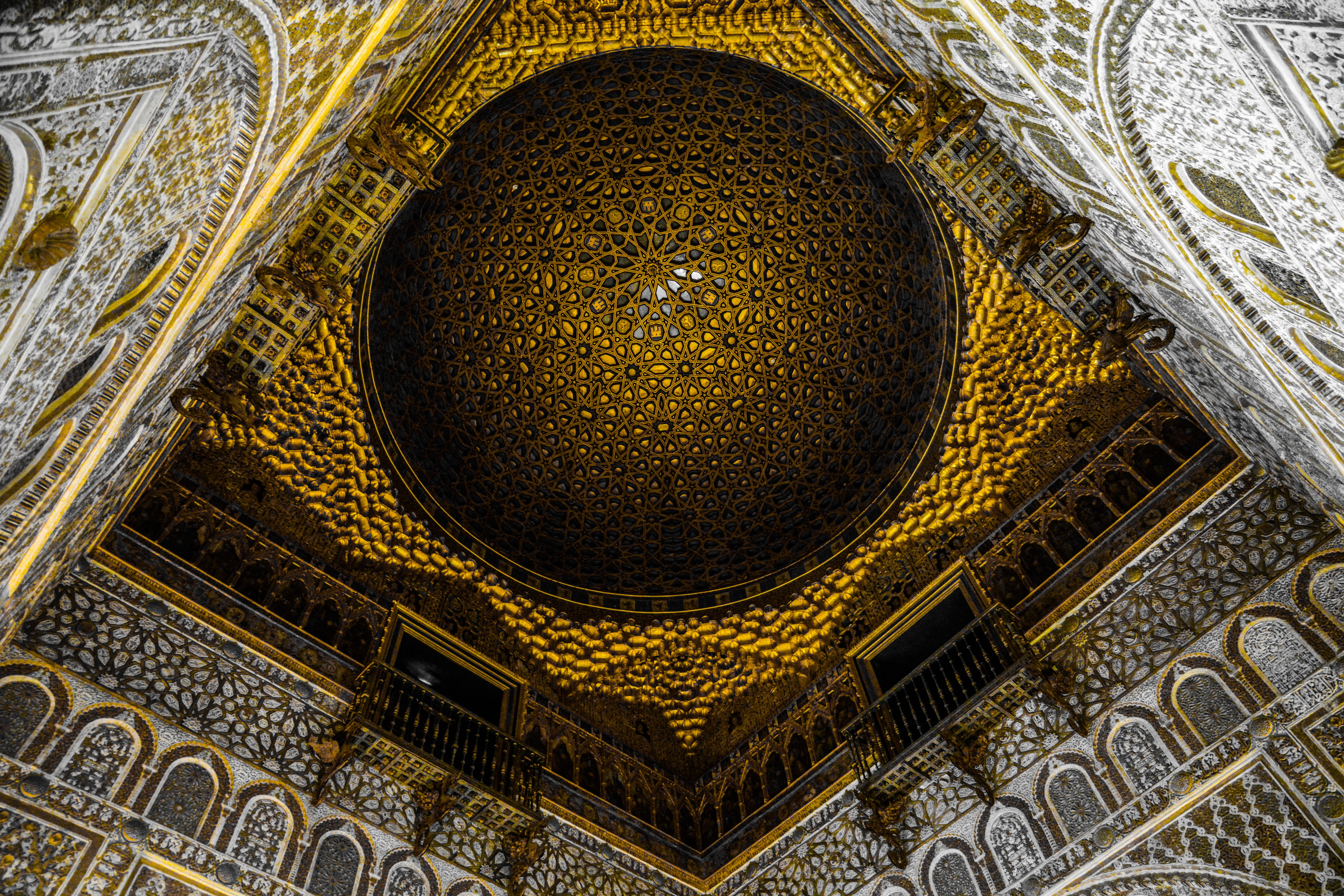 belief, place of worship, catedral de sevilla, alcázar of seville, spain, indoors, ceiling, catedral, religion, craft, 5K, gold colored, roof, palae, no people, HD Wallpaper