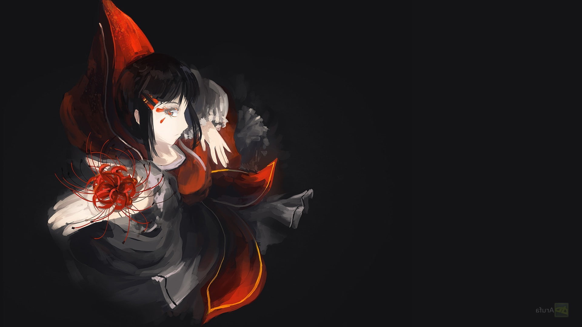 1080P, Spider Lilies, Red Ribbon, Black Dress, Original Characters, HD Wallpaper