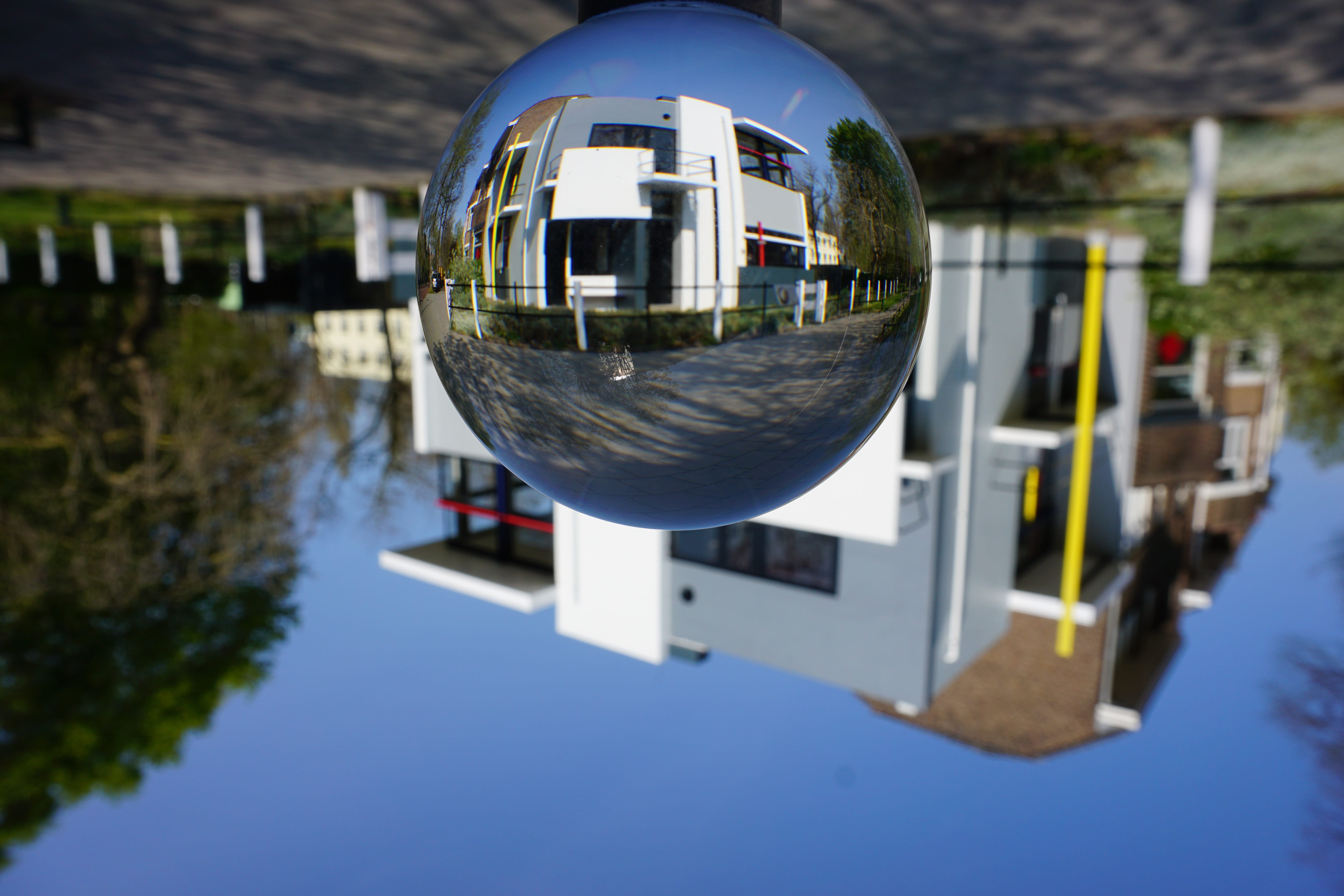 focus on foreground, waterfront, upside down, sphere, day, architecture, building, plant, 5K, reflection, rietveld-schröder house, nature, water, building exterior, HD Wallpaper
