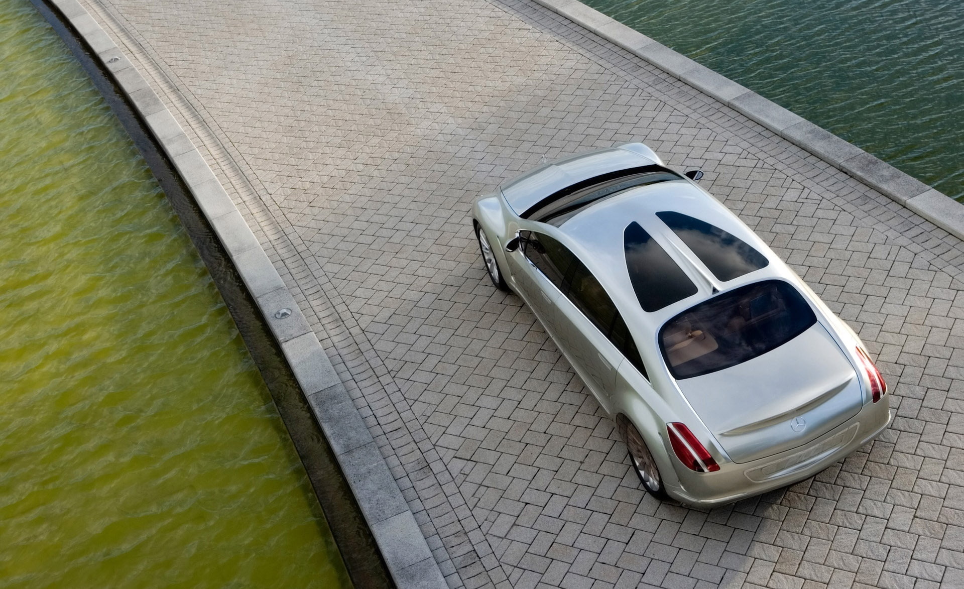 Benz, high angle view, day, Cars, no people, flooring, silver colored, car, f, motor vehicle, outdoors, absence, swimming pool, poolside, nature, land vehicle, HD Wallpaper