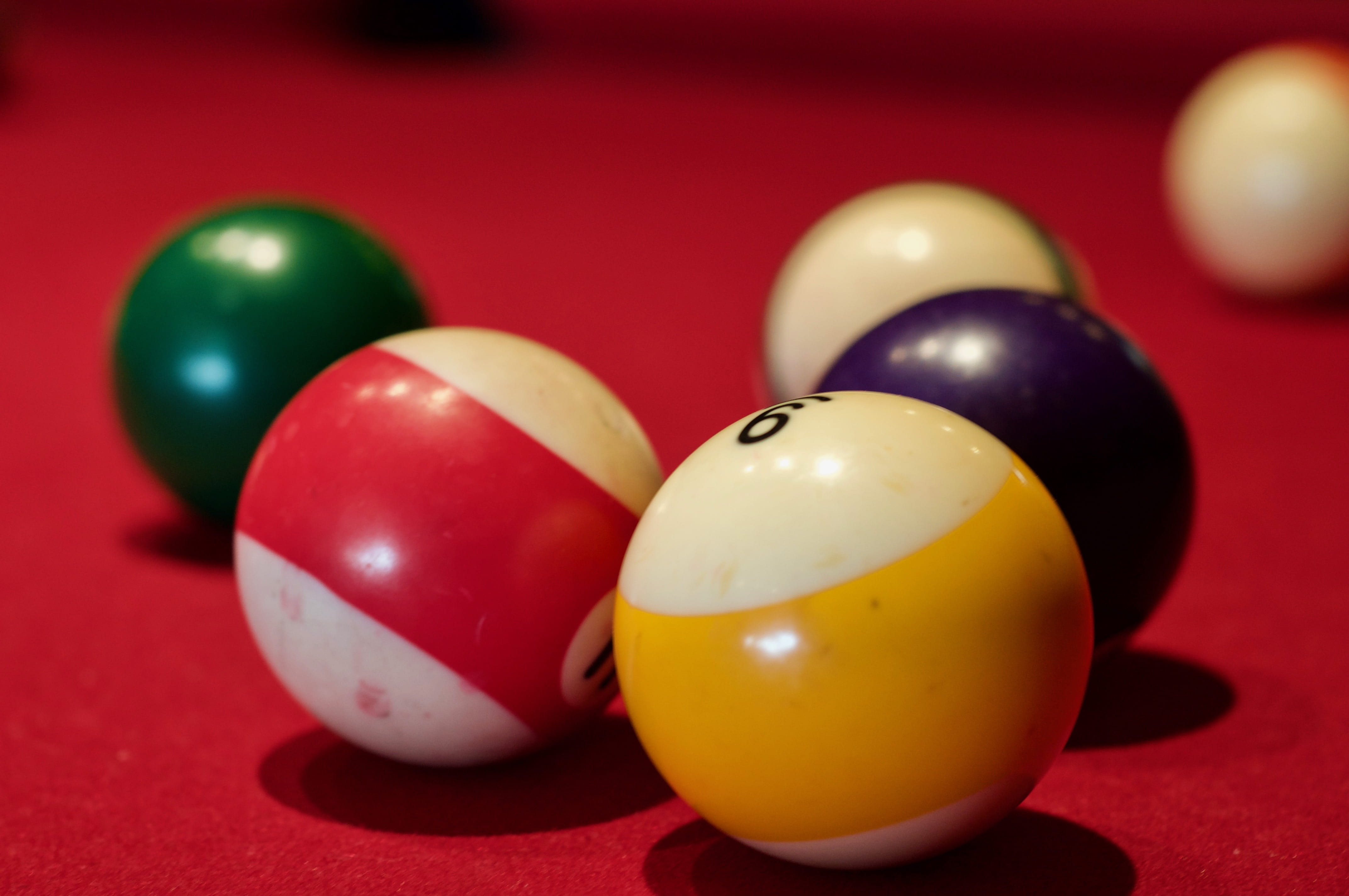 shiny, games, pool, multi colored, table, bar game, colored background, game, silver spring, united states, group of objects, 4K, pool ball, pool table, HD Wallpaper