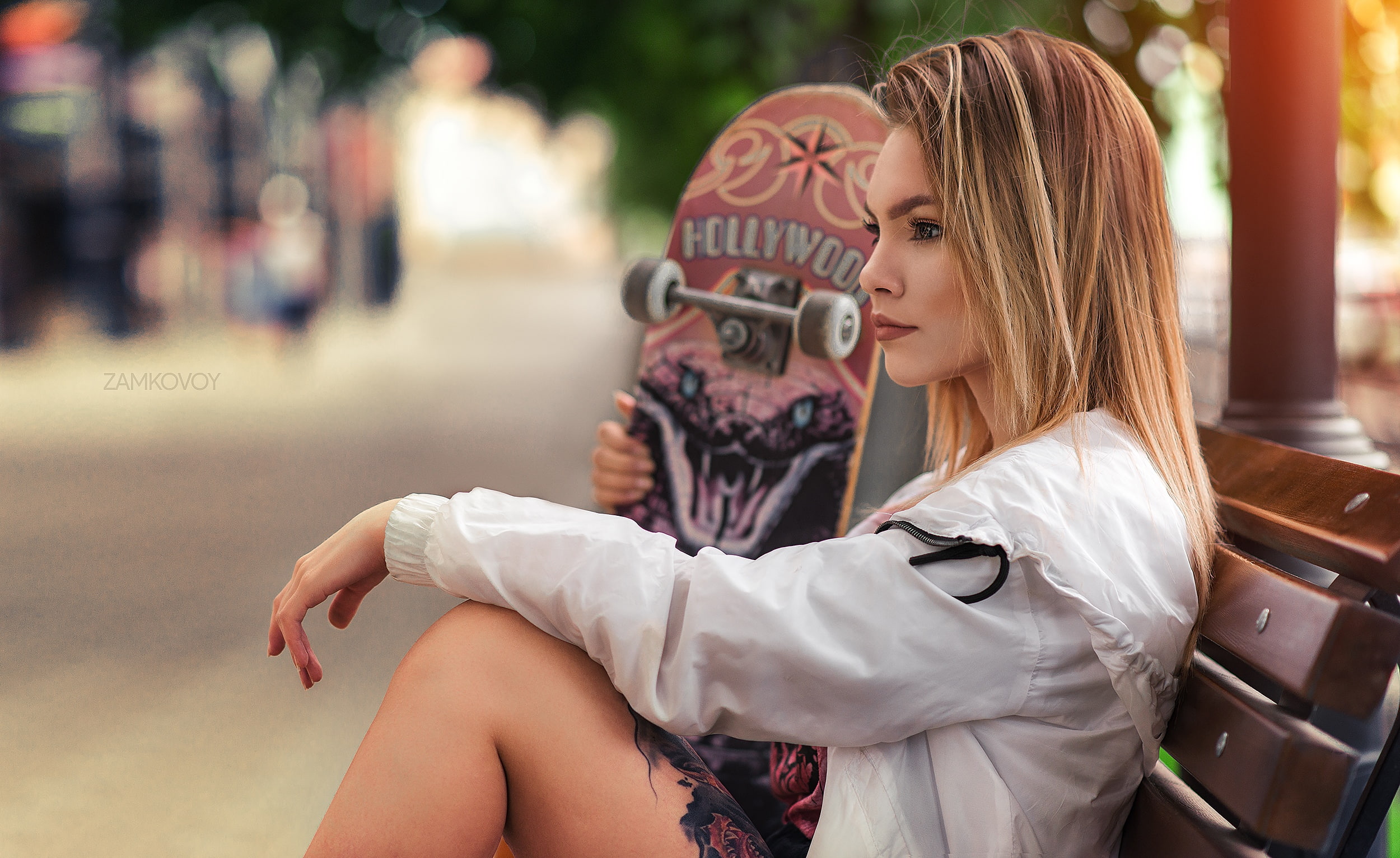 positive emotion, beauty, beautiful woman, tattoo, portrait, blond hair, couple - relationship, outdoors, leisure activity, bokeh, women, skateboard, focus on foreground, HD Wallpaper