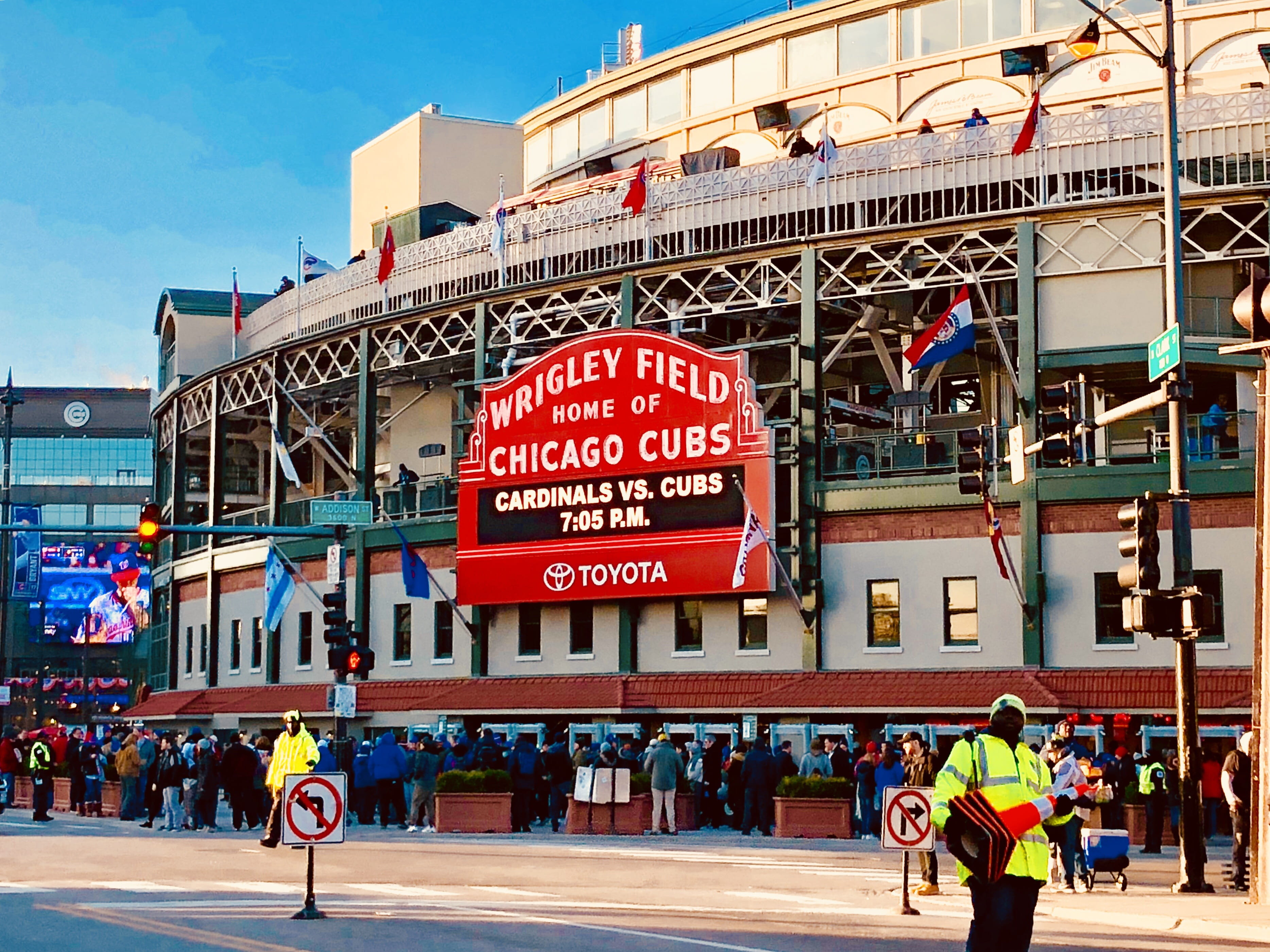 transportation, blue sky, leisure activity, travel, mode of transportation, baseball stadium, text, city, sign, people, chicago, cubs, day, wrigley field, HD Wallpaper
