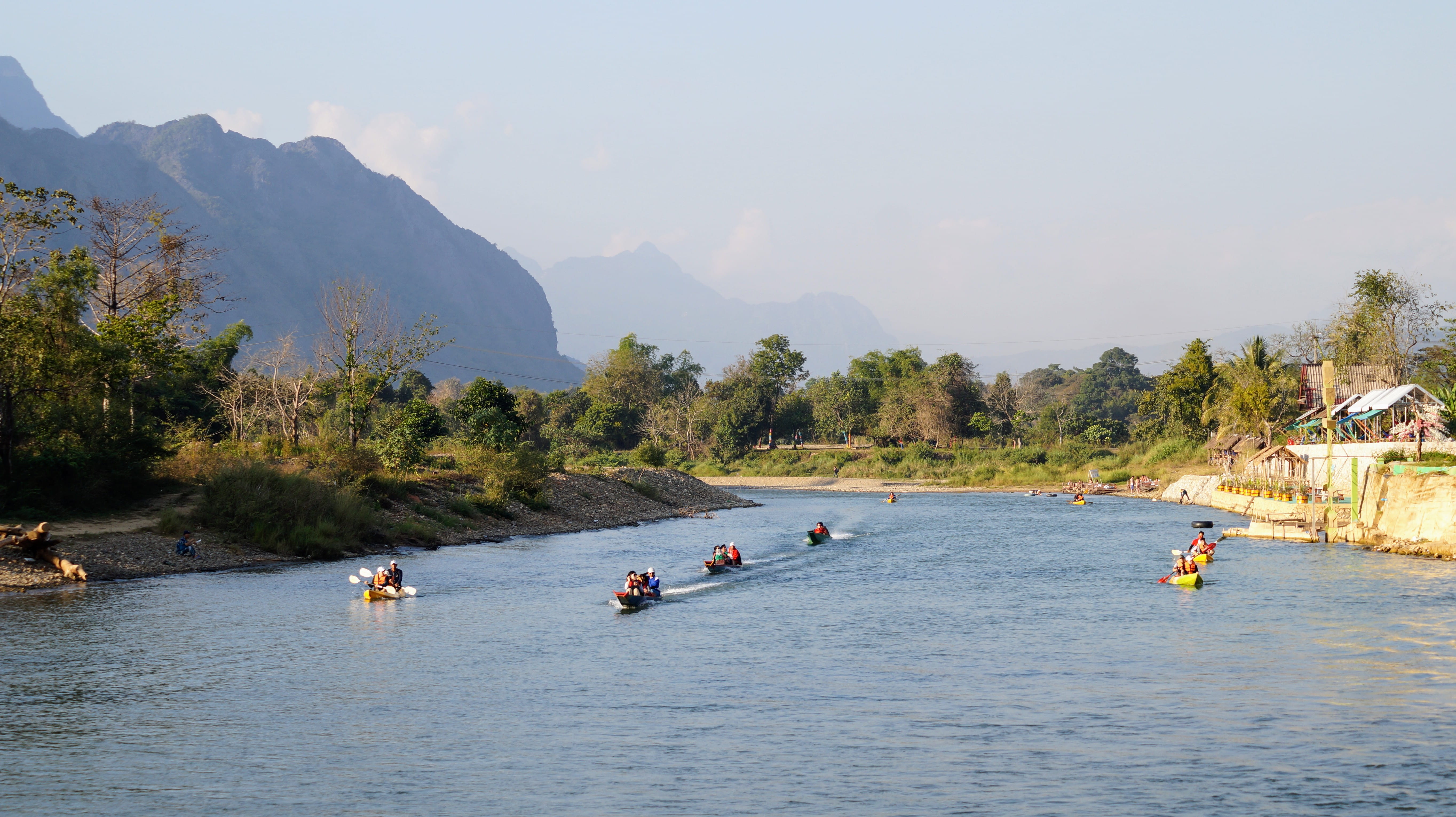 human, river, mode of transportation, vessel, nautical vessel, mountains, large group of people, waterside, inflatable, coast, boat, person, landscape, HD Wallpaper