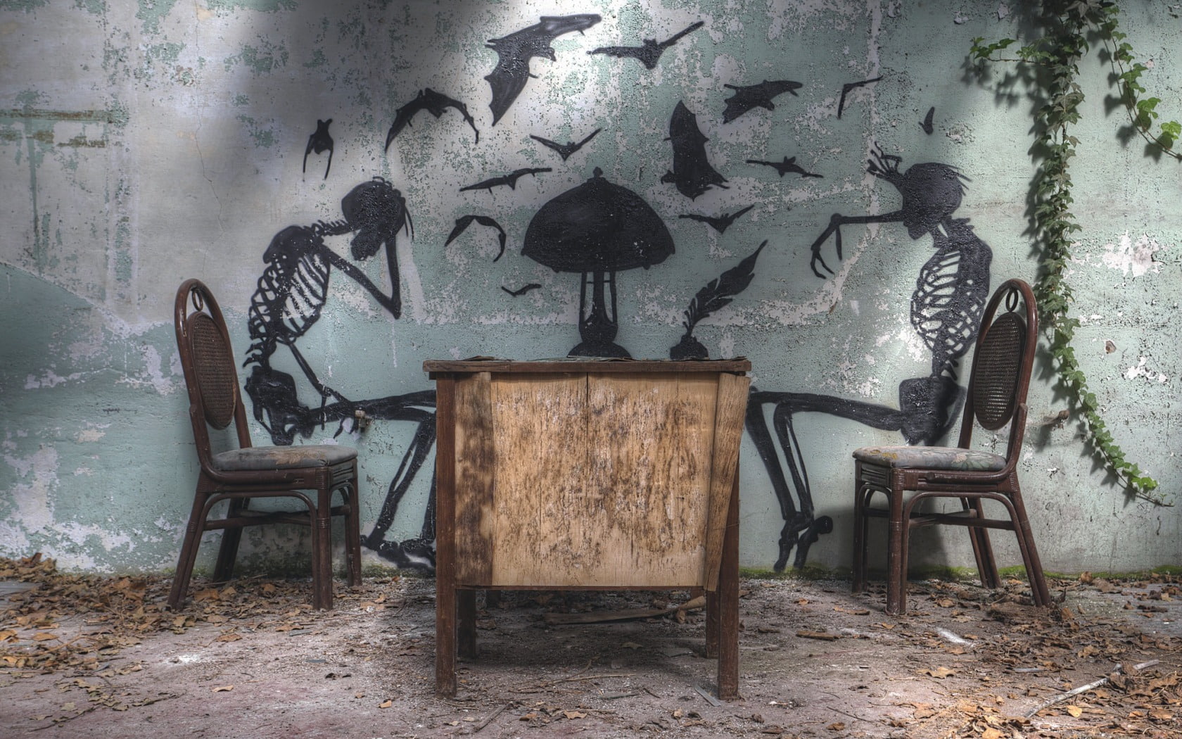 720P, wood - material, absence, building, wall, obsolete, indoors, wall - building feature, table, seat, antique, room, shadow, chair, skeleton, furniture, HD Wallpaper