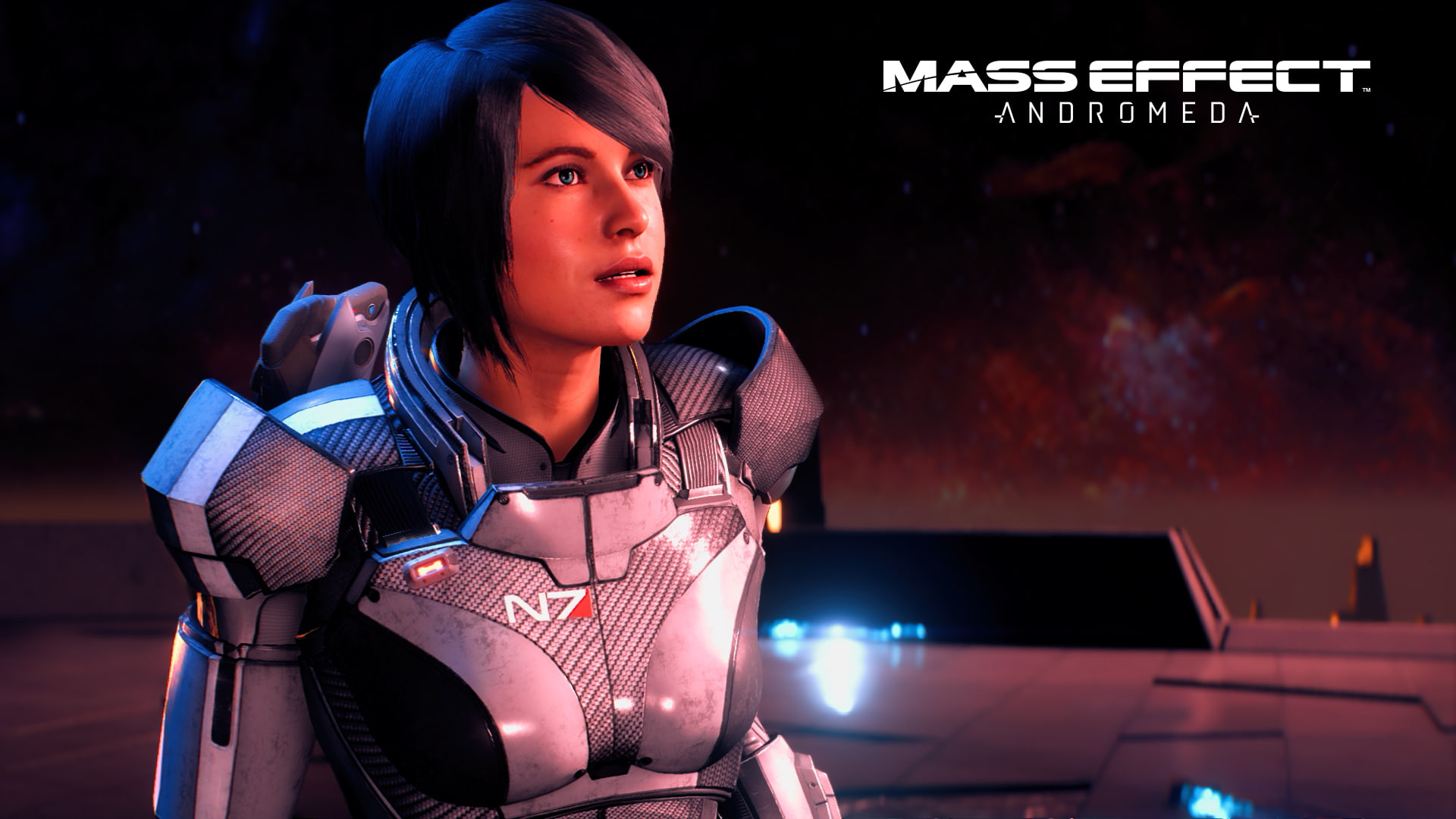 technology, young adult, one person, dyed hair, N7, looking away, 1080P, sitting, headshot, nightlife, Mass Effect, casual clothing, women, computer, Mass Effect: Andromeda, HD Wallpaper