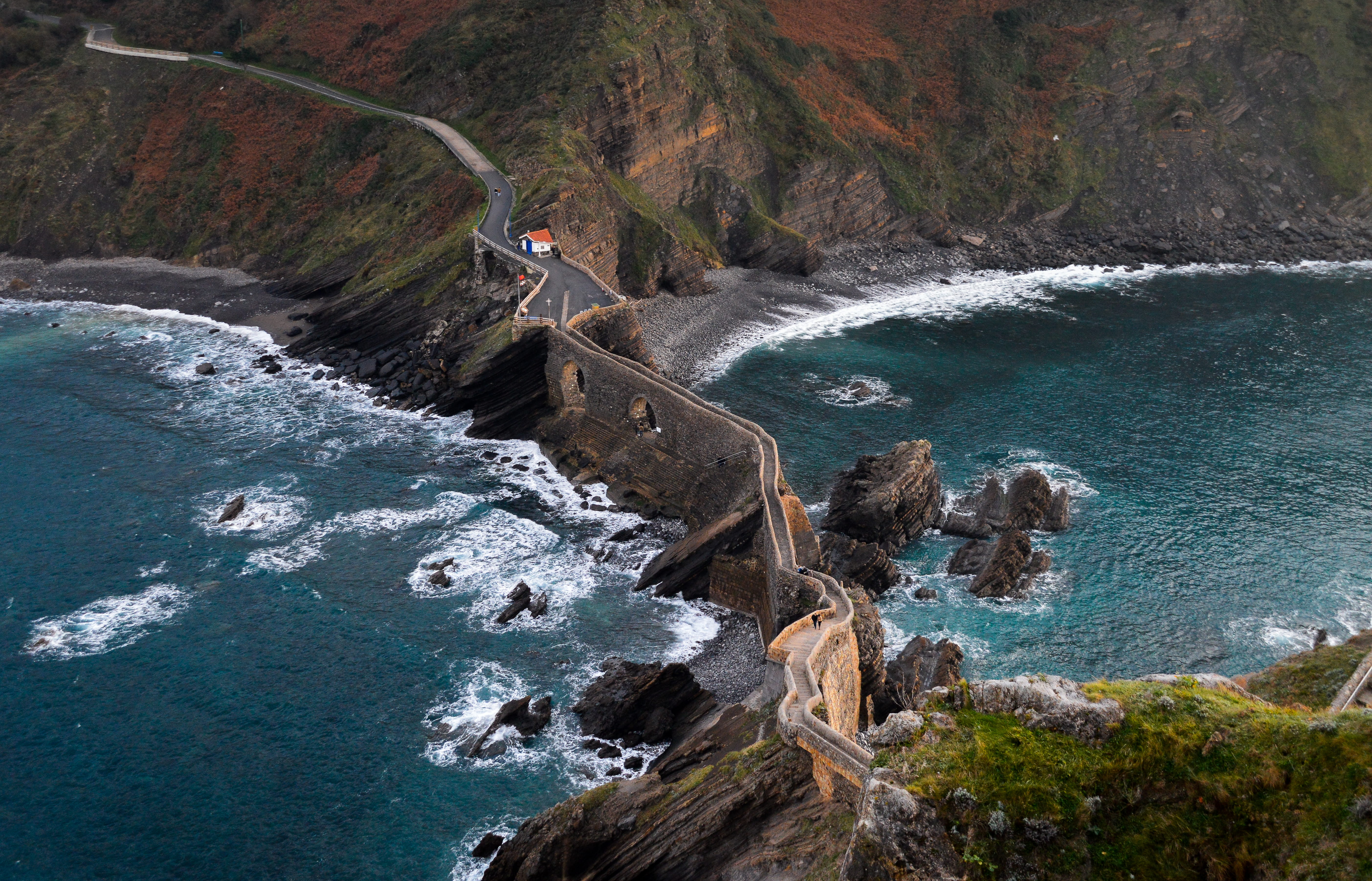 scenics - nature, landscape, road, rock - Object, San juan de gaztelugatxe, photo, 5K, body, Bilbao, tranquil scene, plant, rock, water, two, mountain, HD Wallpaper