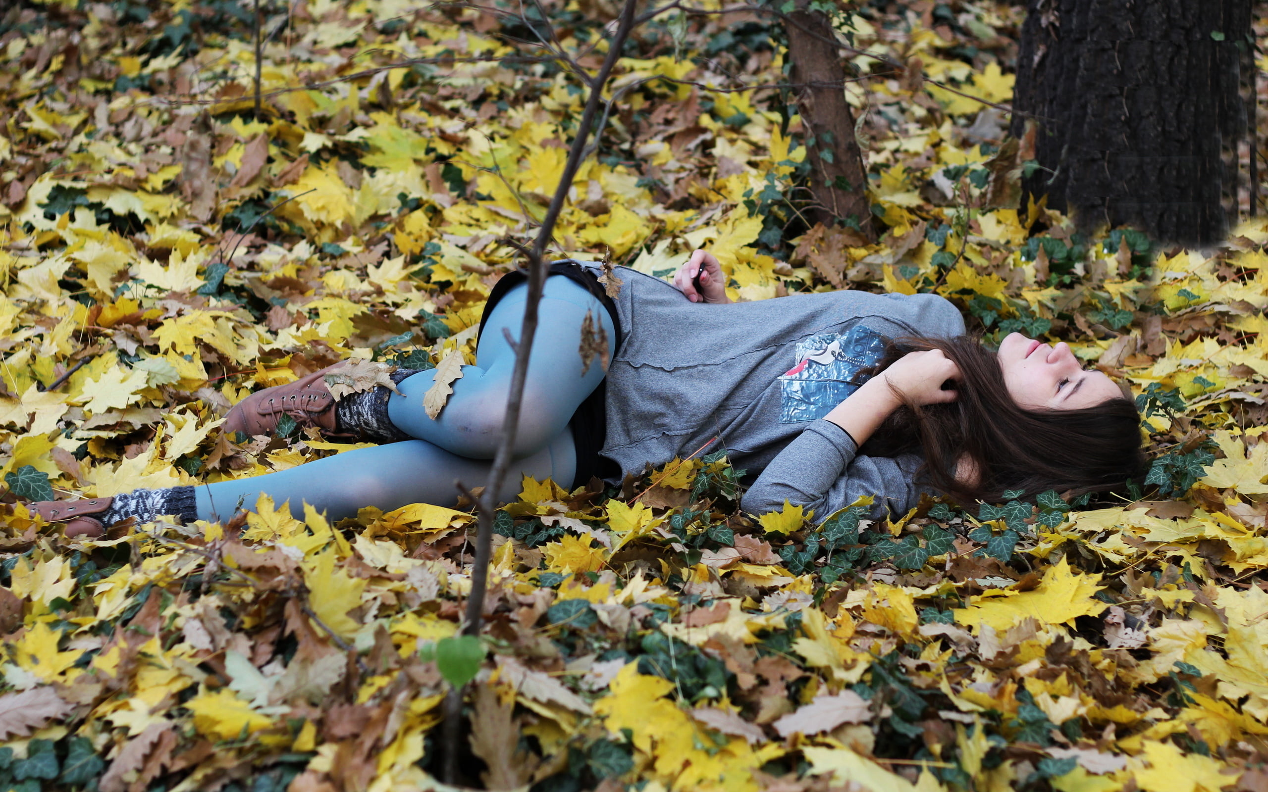 girl, cheerful, resting, closed eyes, long, people, day, cute, change, joy, tights, caucasian Ethnicity, females, yellow, nature, teenager, foliage, weather, HD Wallpaper