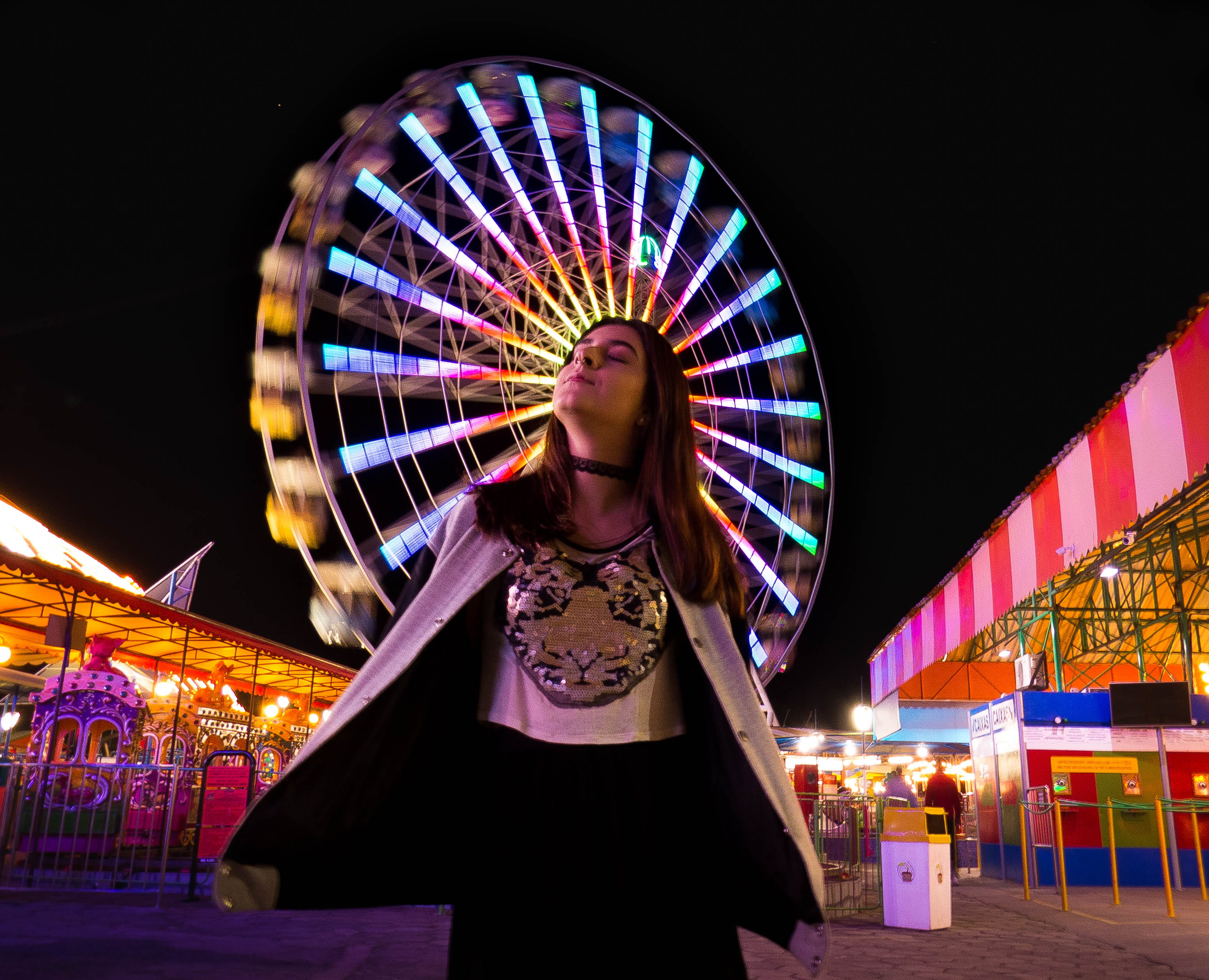 adult, light, motion, illuminated, multi colored, big wheel, ferry, 2K, bin, arts culture and entertainment, amusement park, dreaming, one person, ferris, HD Wallpaper