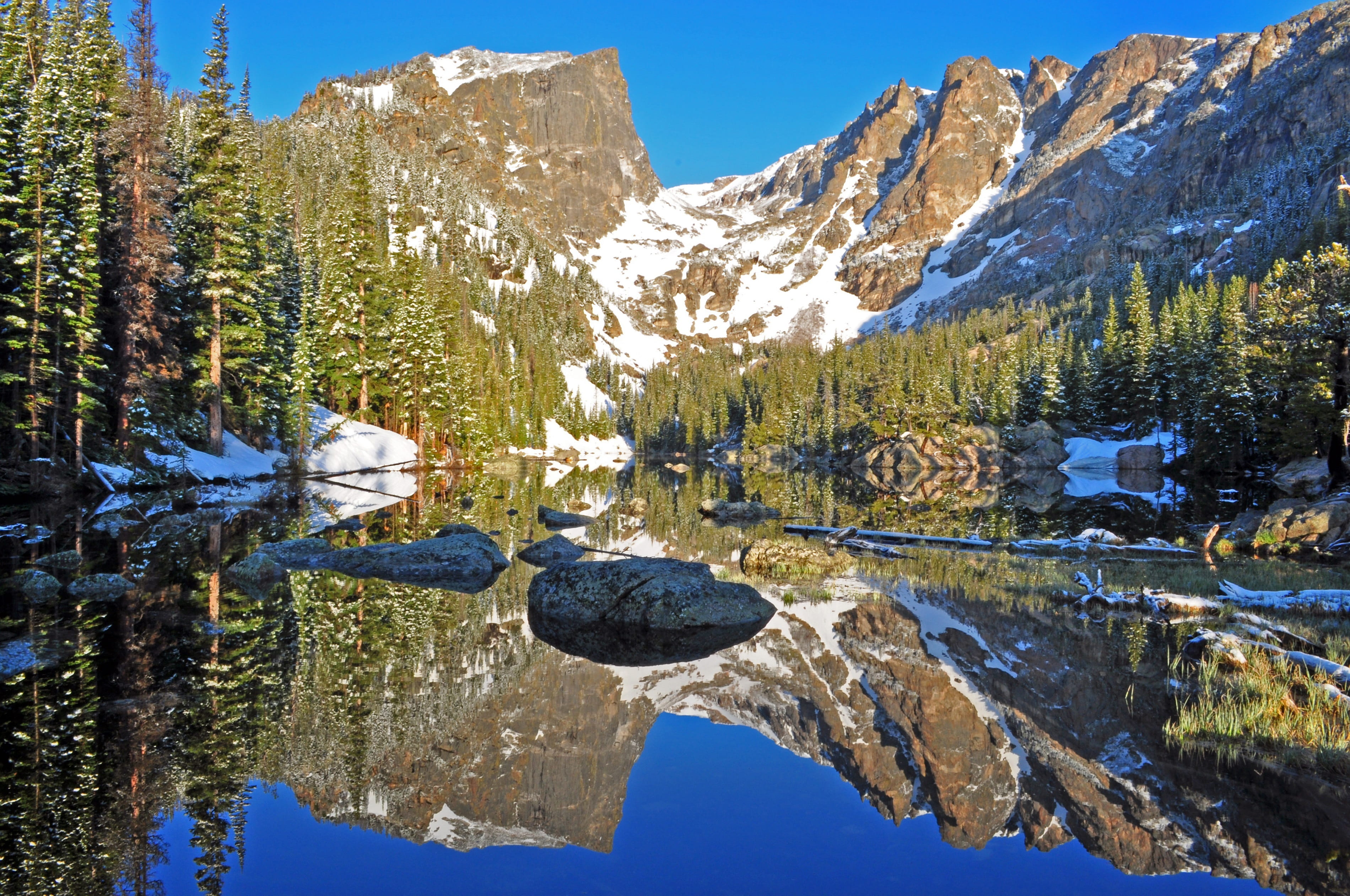 usa, rock, dream lake, nature, mountain, landscape, reflection, no people, colorado, forest, water, lake, day, calm, beauty in nature, scenic, sky, hallett peak, HD Wallpaper