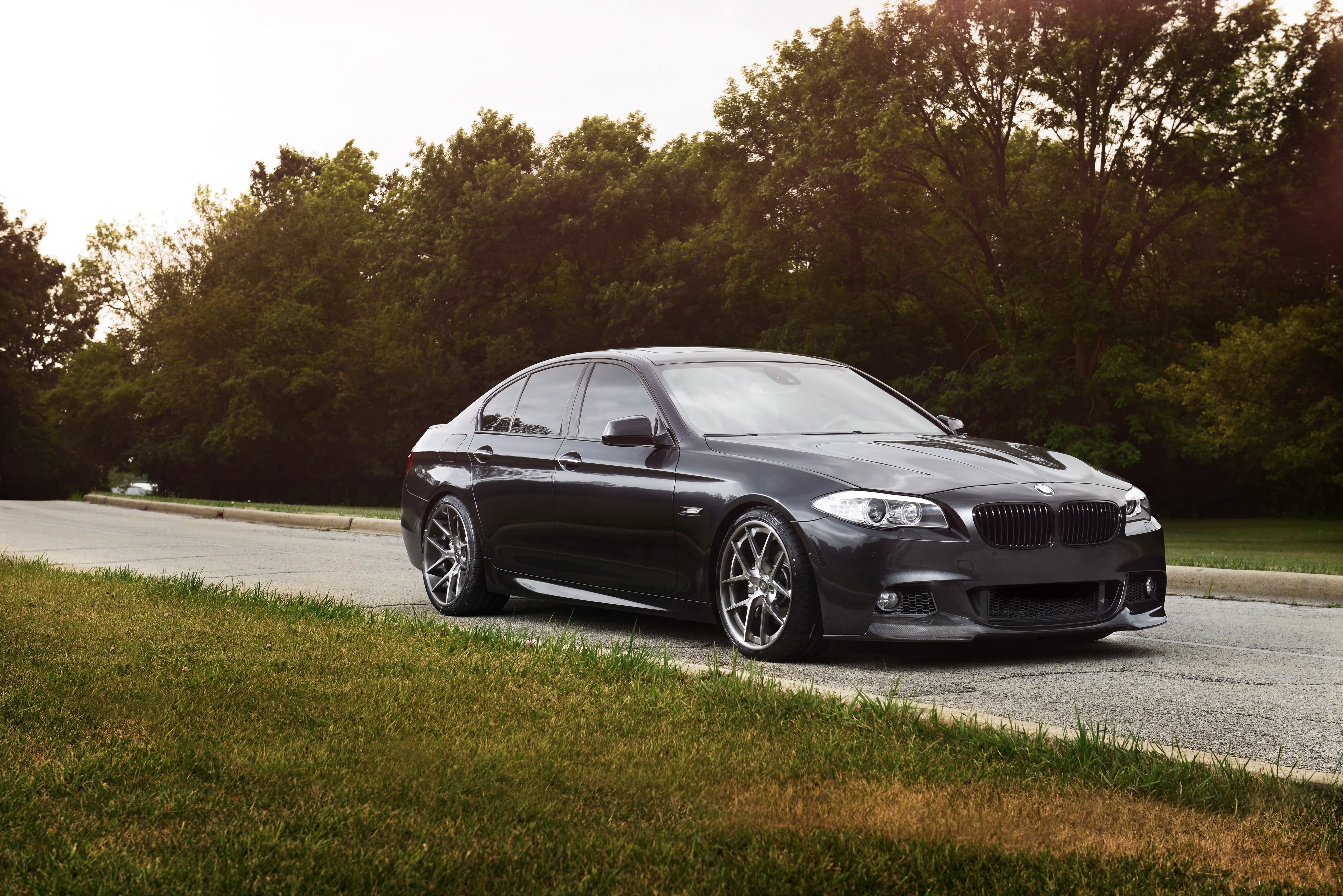 luxury, BMW, nature, outdoors, travel, motor vehicle, mode of transportation, transportation, black, vehicle, tree, silver colored, road, land, BMW 5 Series, HD Wallpaper