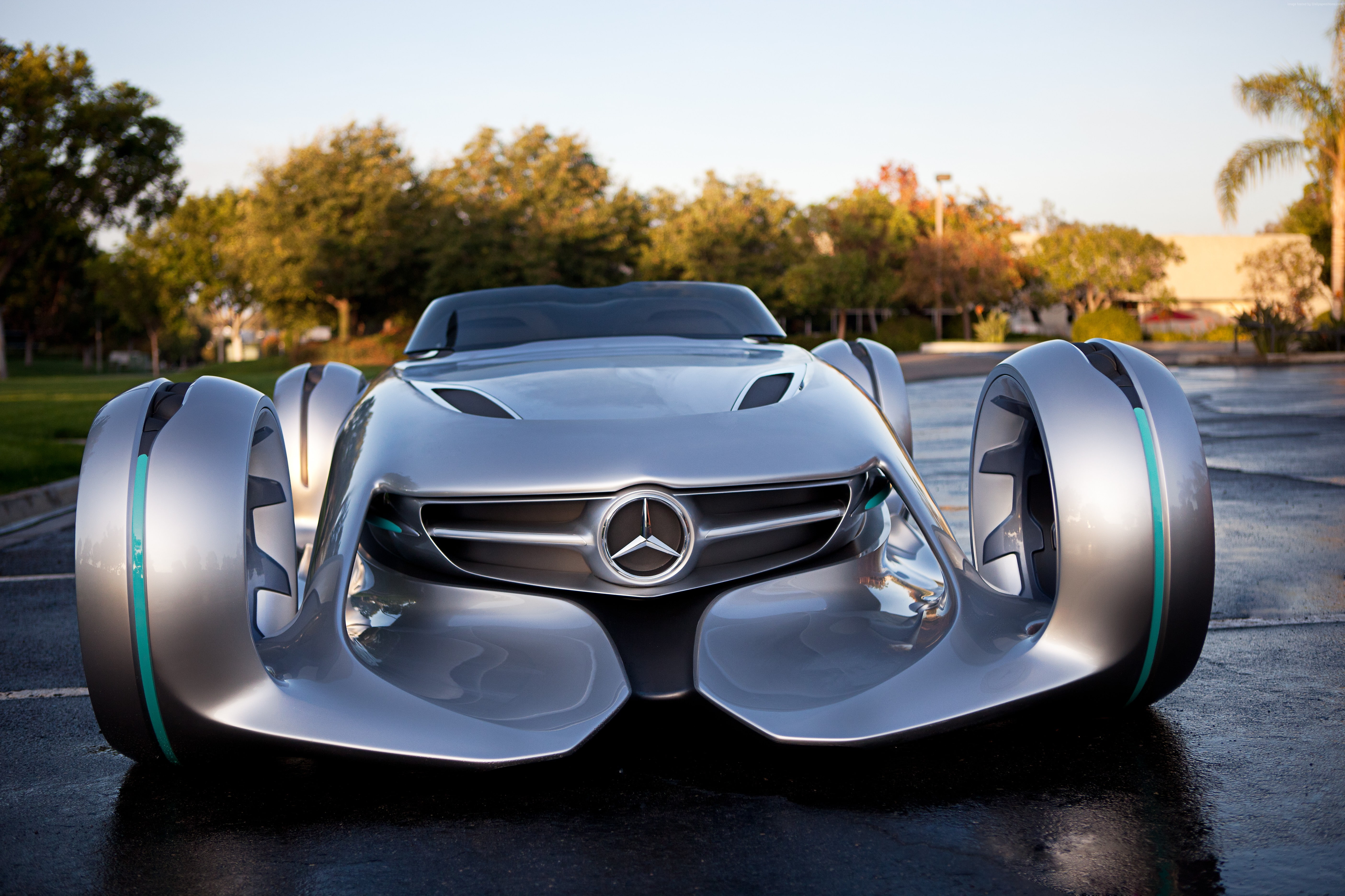 tree, car, Mercedes-Benz Silver Arrow, metal, sunlight, outdoors, close-up, luxury, 5K, sky, plant, mode of transportation, grass, silver colored, land vehicle, HD Wallpaper
