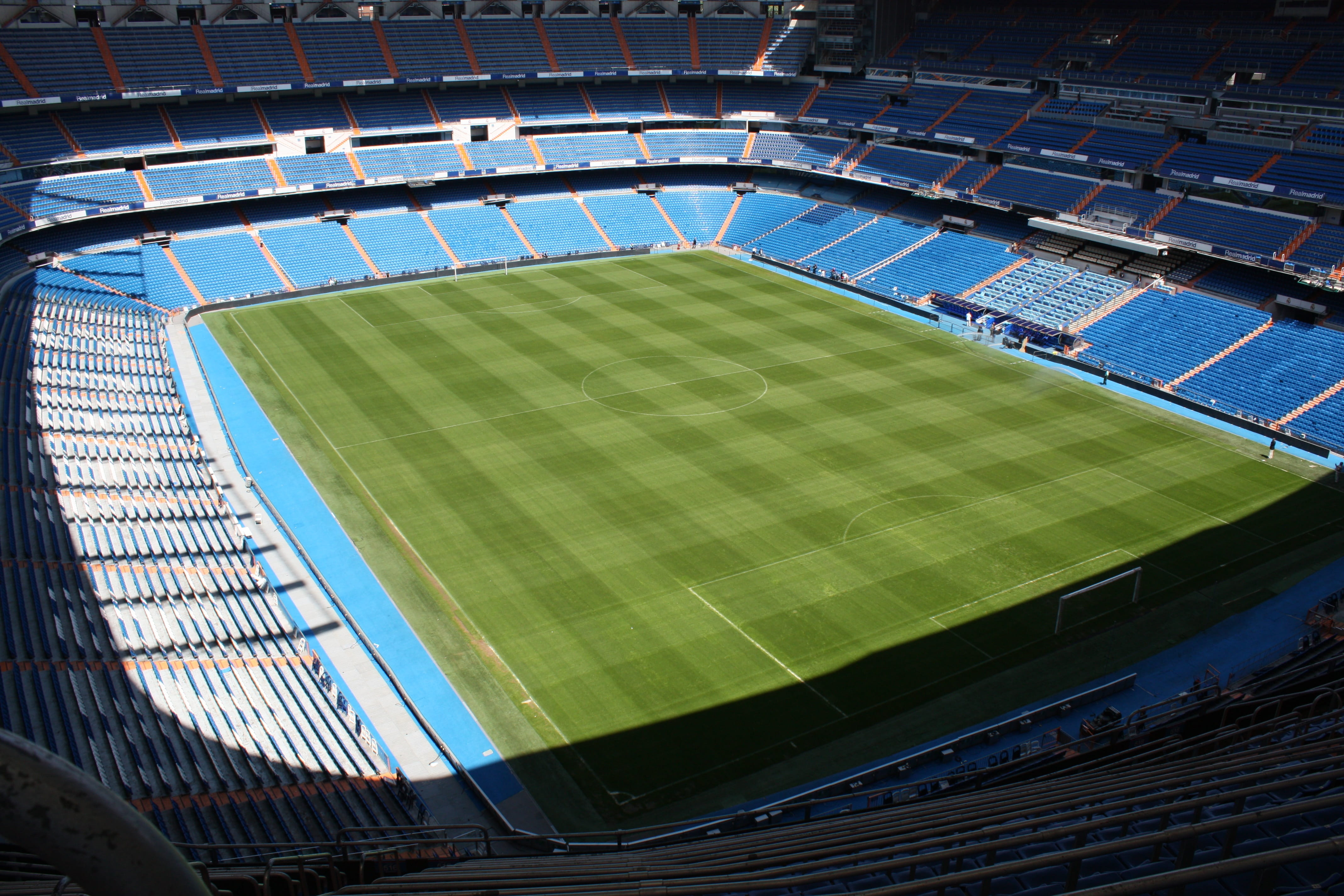seat, soccer, Football, grass, santiago bernabeu, event, Madrid, activity, playing field, 4K, outdoors, bleachers, competitive sport, team sport, no people, HD Wallpaper