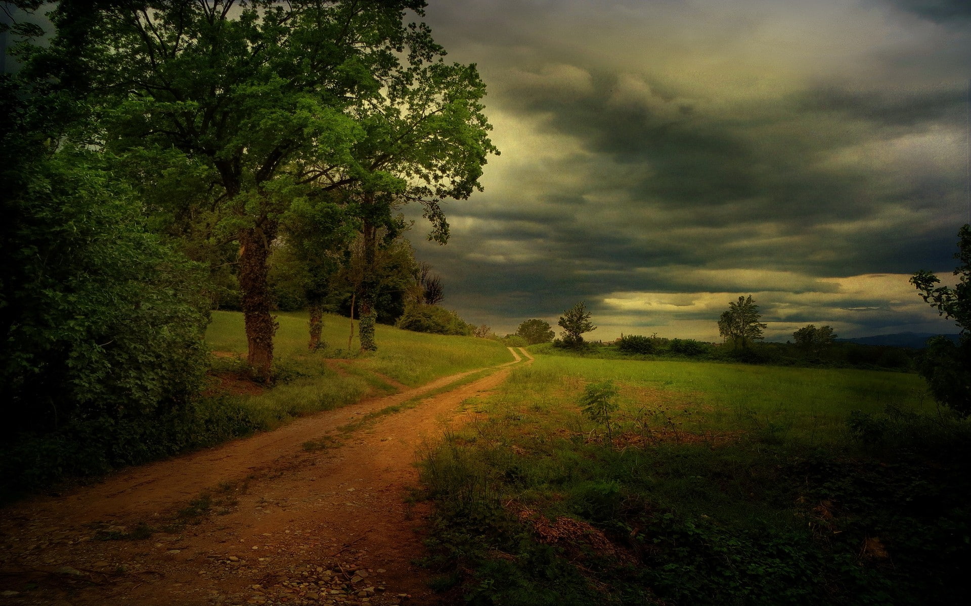 clouds, trees, nature, landscape, dirt road, shrubs, 1080P, grass, HD Wallpaper