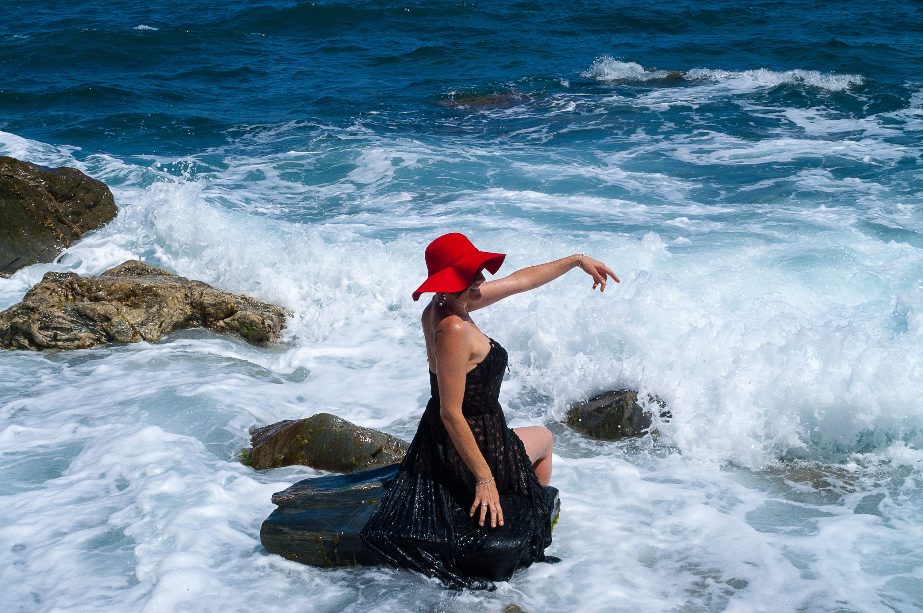 Hat, Beach, Wave, nature, surfing, vacations, adults only, aquatic sport, one Person, feet in the water, rock, sport, leisure activity, sea, fun, blue, HD Wallpaper