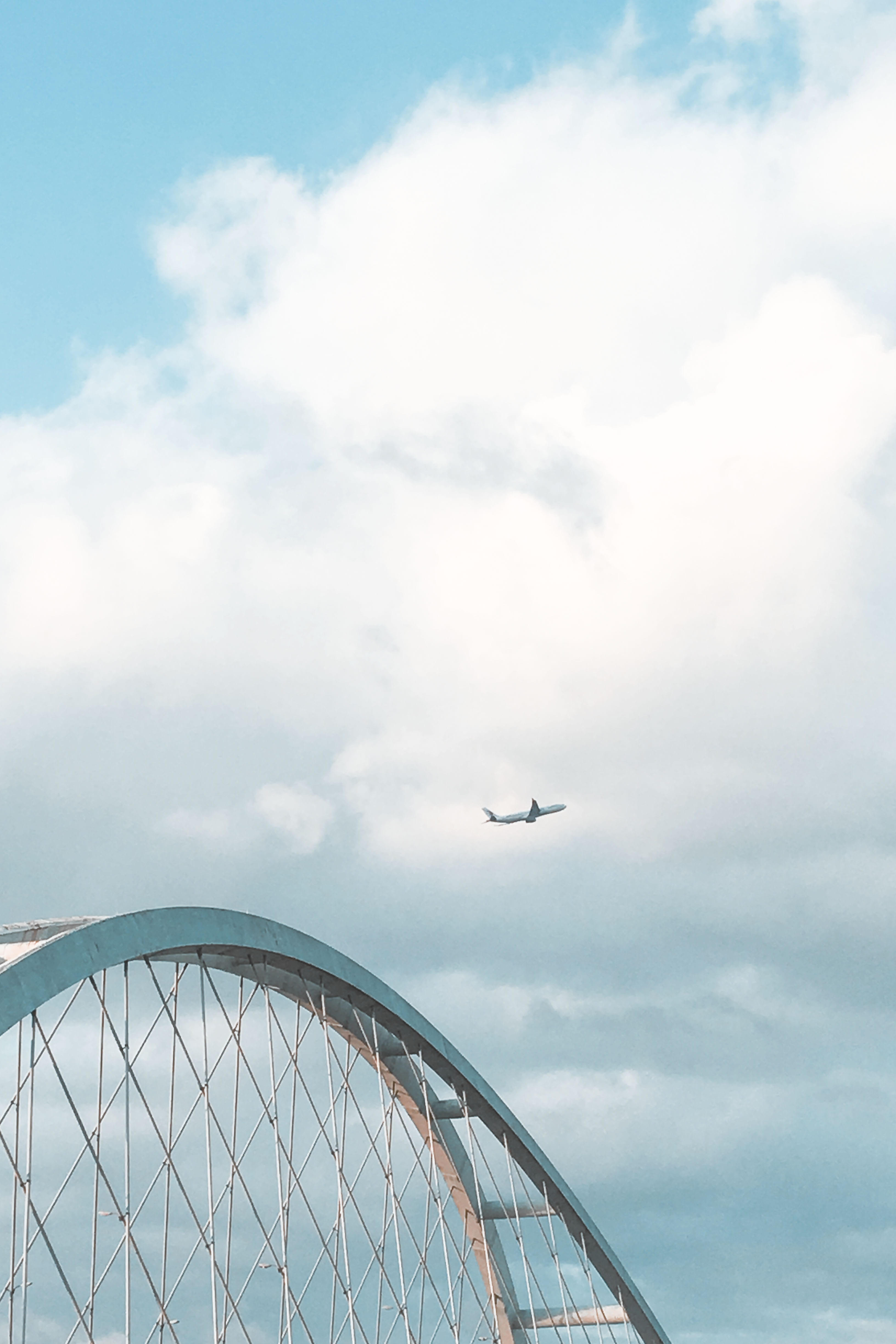 sky, transportation, airplane, low angle view, seagull, flying, bird, taipei, second macarthur bridge, urban, one animal, cloudy, animal wildlife, built structure, Phone HD Wallpaper