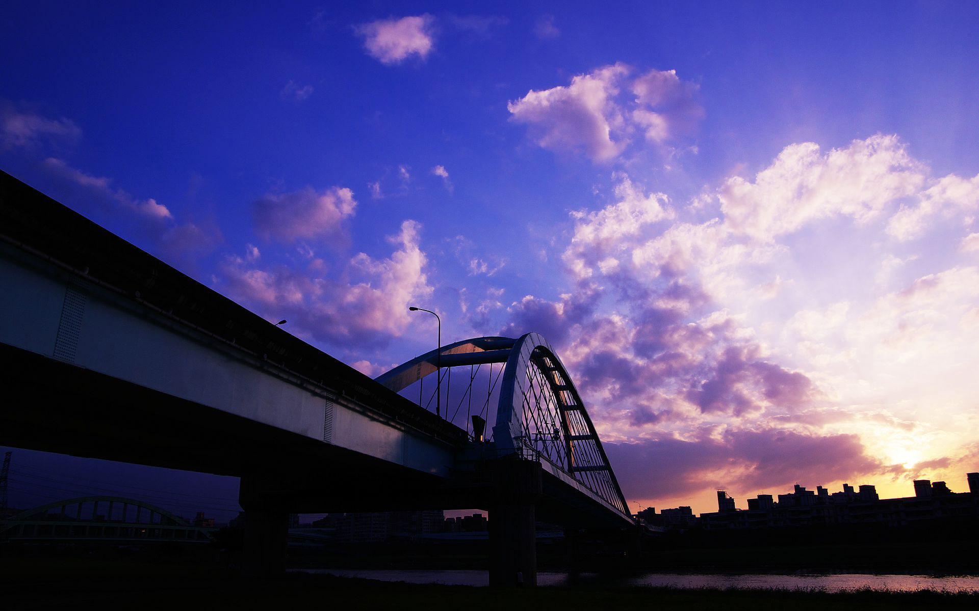 clouds, taipei, taipeitaiwan, photography, taiwan, sky, architecture, macarthurno.1bridge, sunset, silhouette, bridge, cityscape, 1080P, city, blue, purple, HD Wallpaper