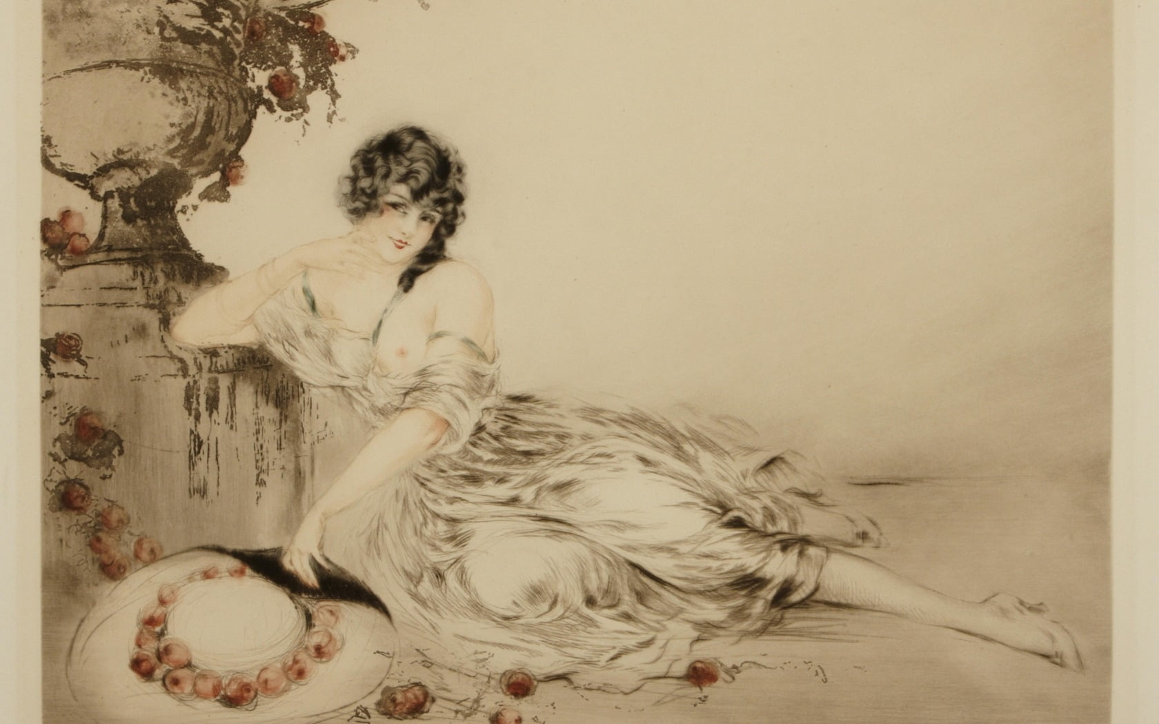 young adult, full length, contemplation, girl, beautiful woman, woman, adult, portrait, hair, women, urn, louis icart, textured effect, Near the urn, one person, HD Wallpaper