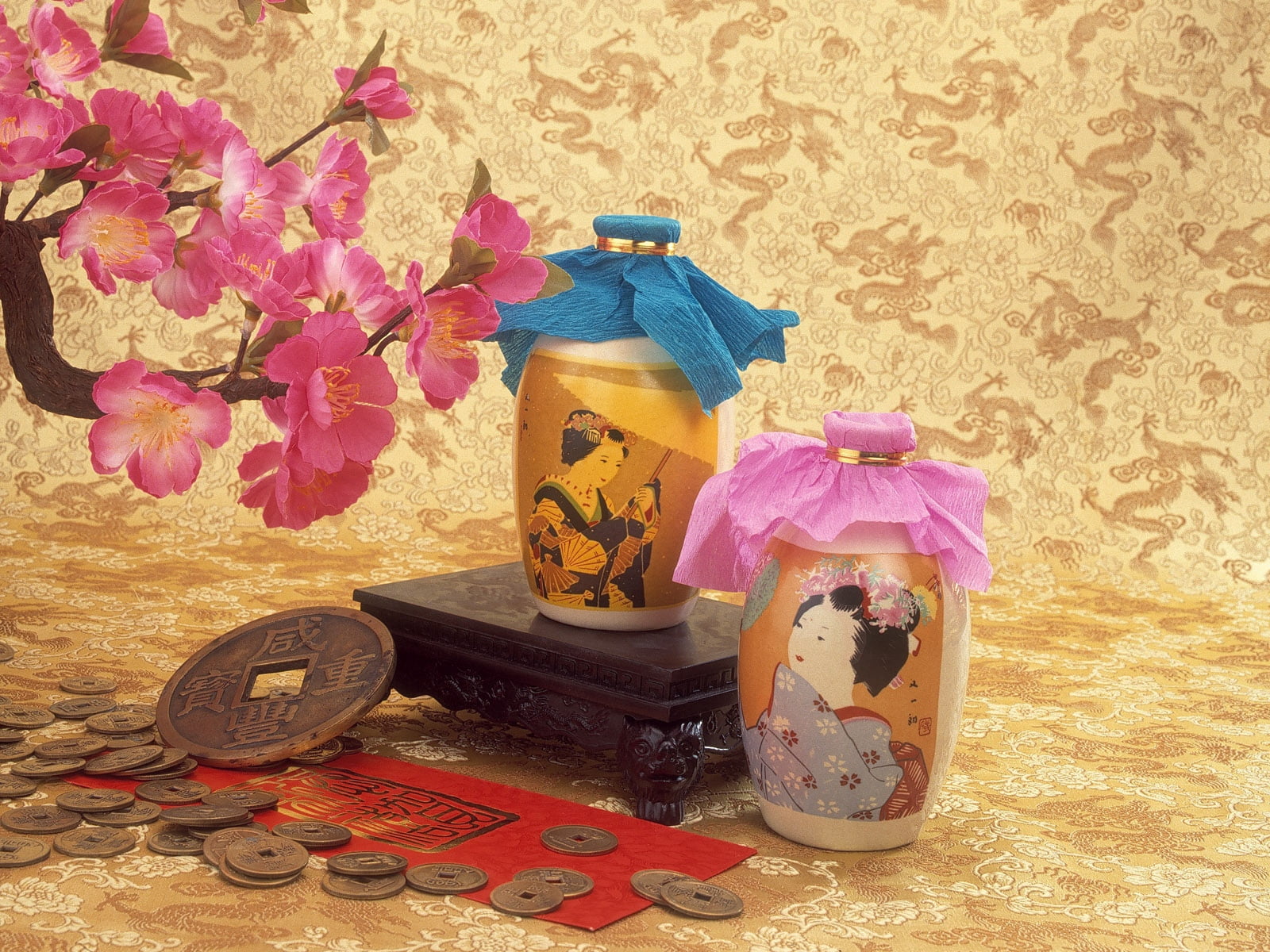 ceramic, oil, floral pattern, flower, flowers, flower head, geisha, nature, vase, no people, container, two, 720P, indoors, art and craft, urns, white, HD Wallpaper