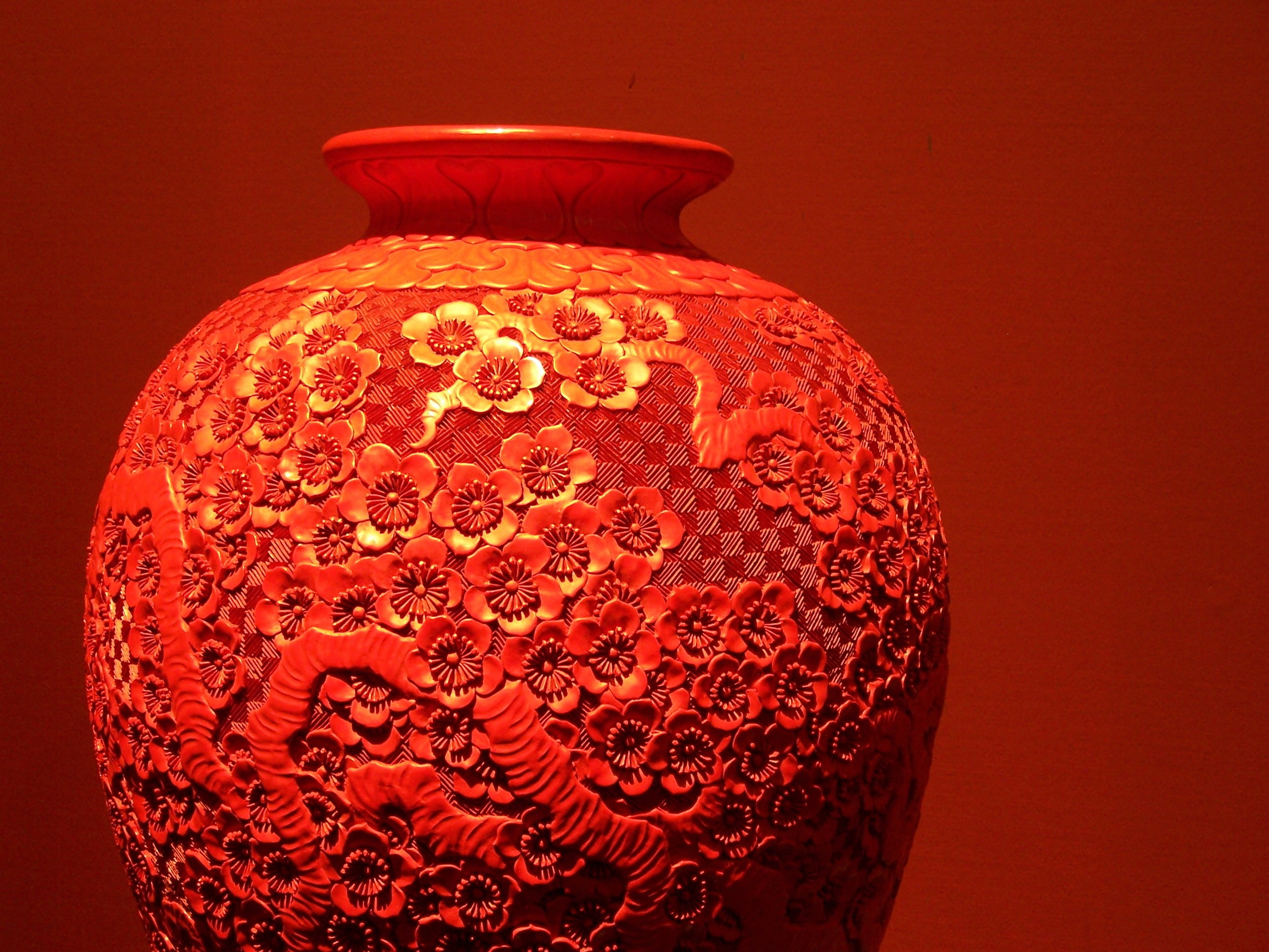 decoration, cherry blossom, artwork, ancient civilization, indoors, decorative urn, vase, ornament, orange color, flower, pottery, ceramics, lacquerware, HD Wallpaper