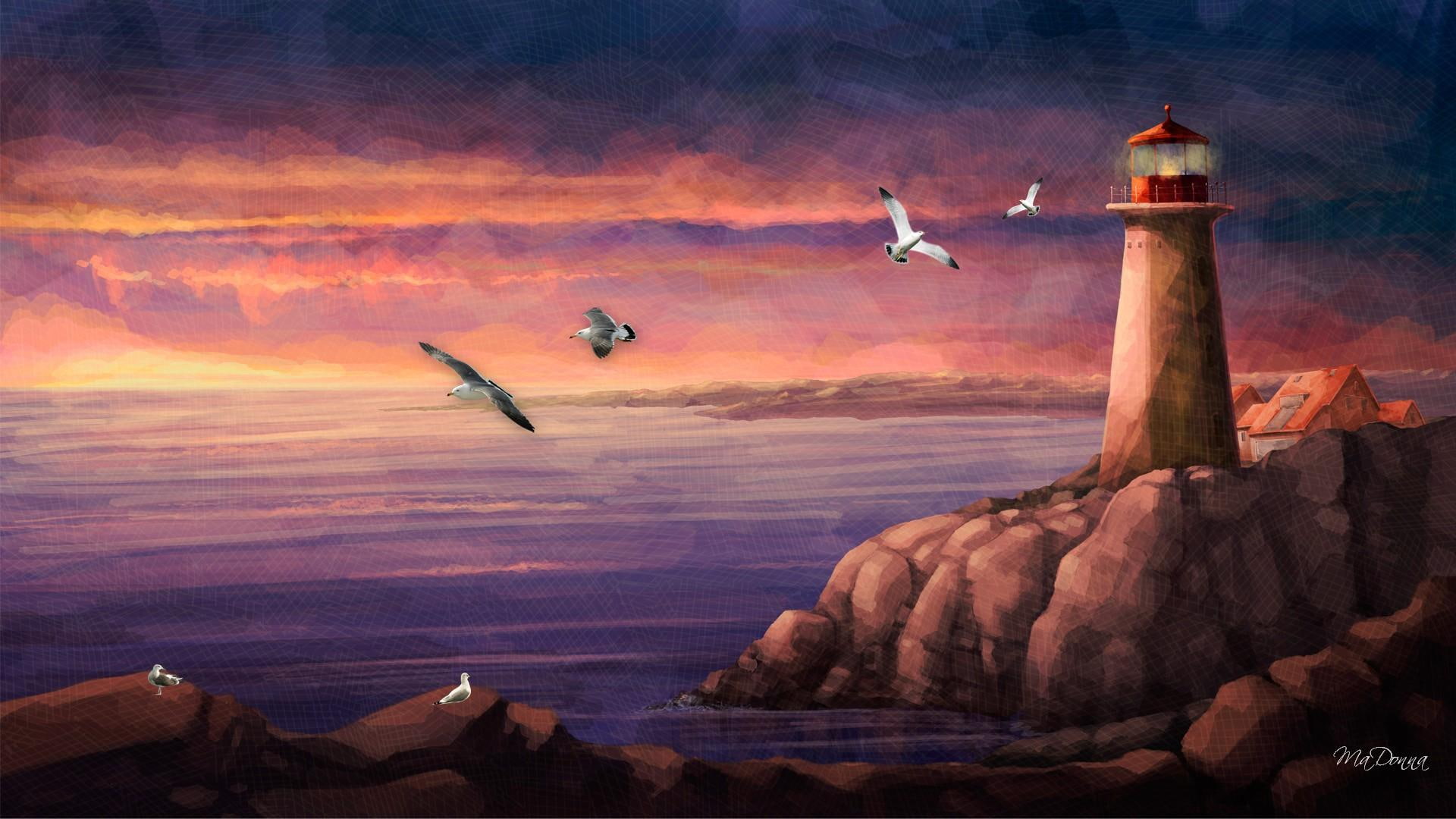 dom, watercolor, clouds, paint, lighthouse, ocean, shore, rocks, sea gulls, house, twilight, sunset, 1080P, HD Wallpaper