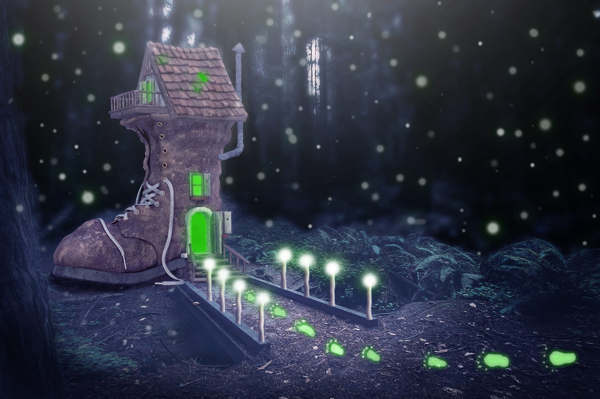 nature, fairytale, green, focus on foreground, glowworm, tree, history, the past, magic, hidden mythical creatures, grave, outdoors, boots house, HD Wallpaper