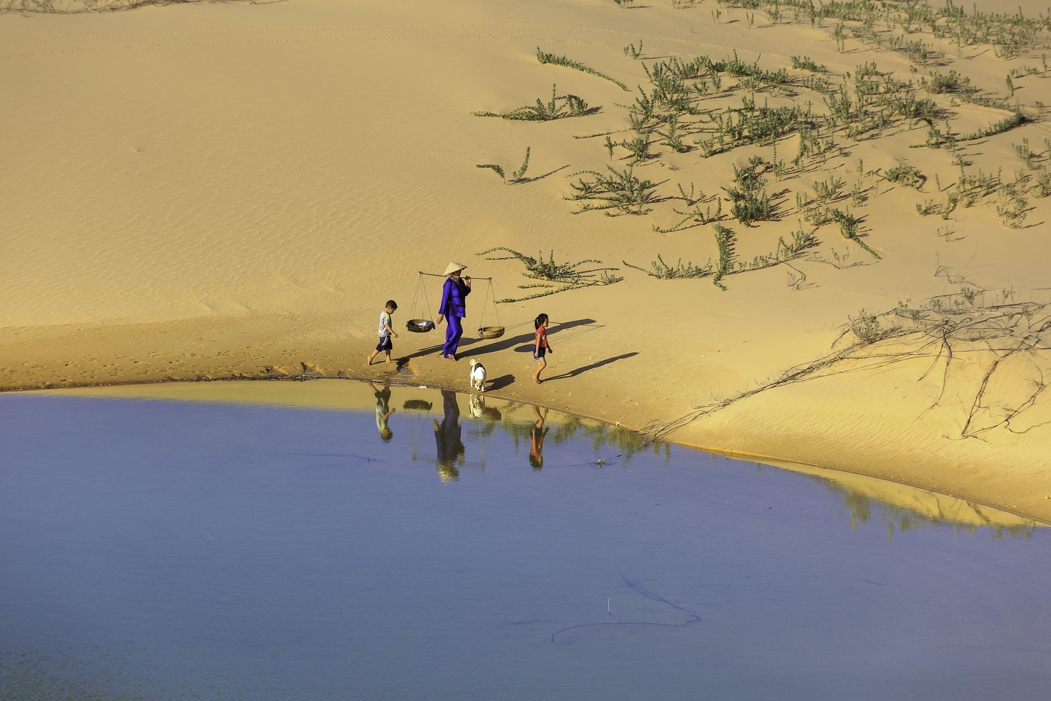non-urban scene, man, back home, childhood, vietnam, happy, nature, reflection, rachợ, river, two, tranquility, lifestyles, leisure activity, sand hill, HD Wallpaper