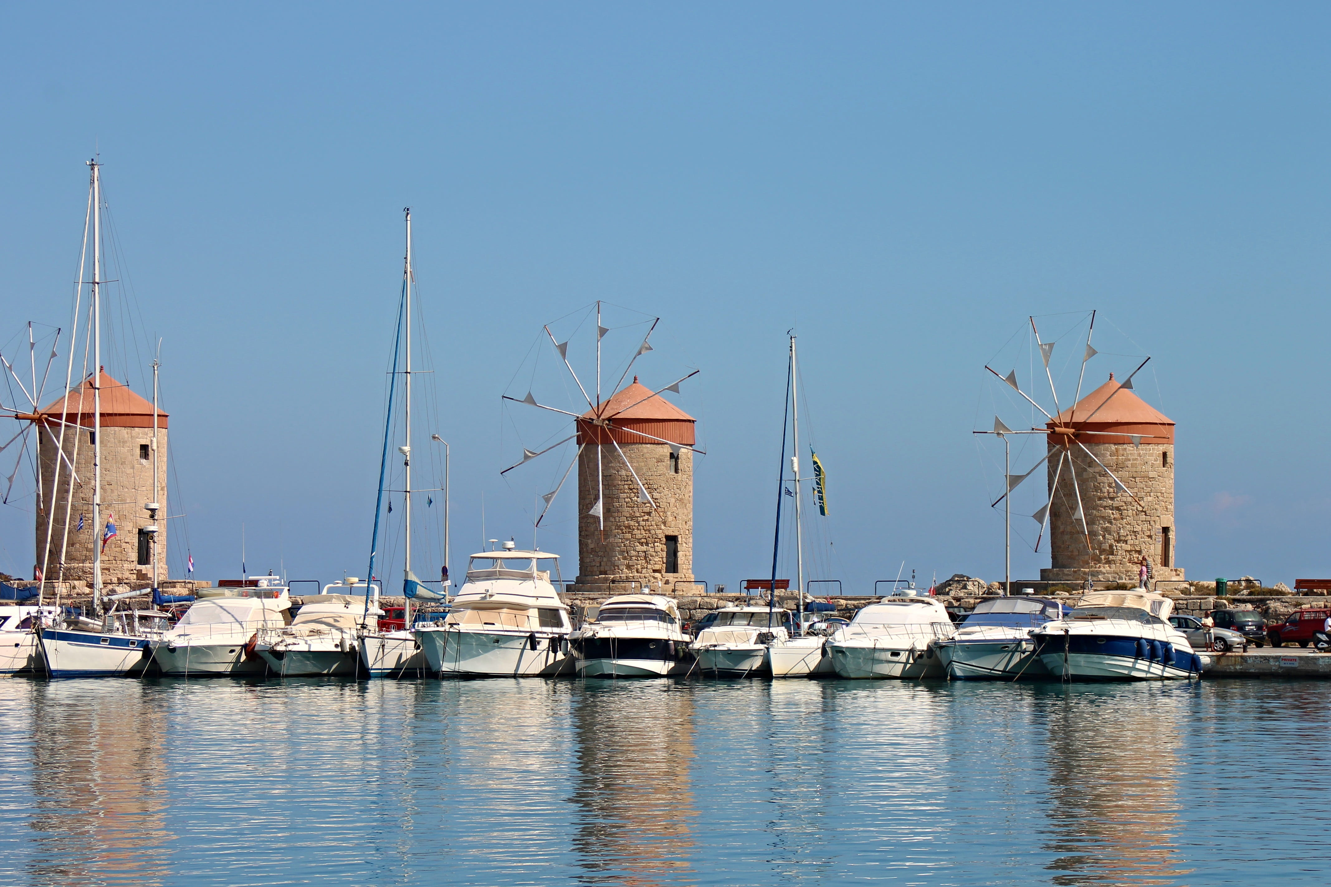 greek island, nautical vessel, transportation, mandraki, water, white, travel, coast, landmark, wind, blue, marina, antique, wing, boats, stone, mediterranean, HD Wallpaper